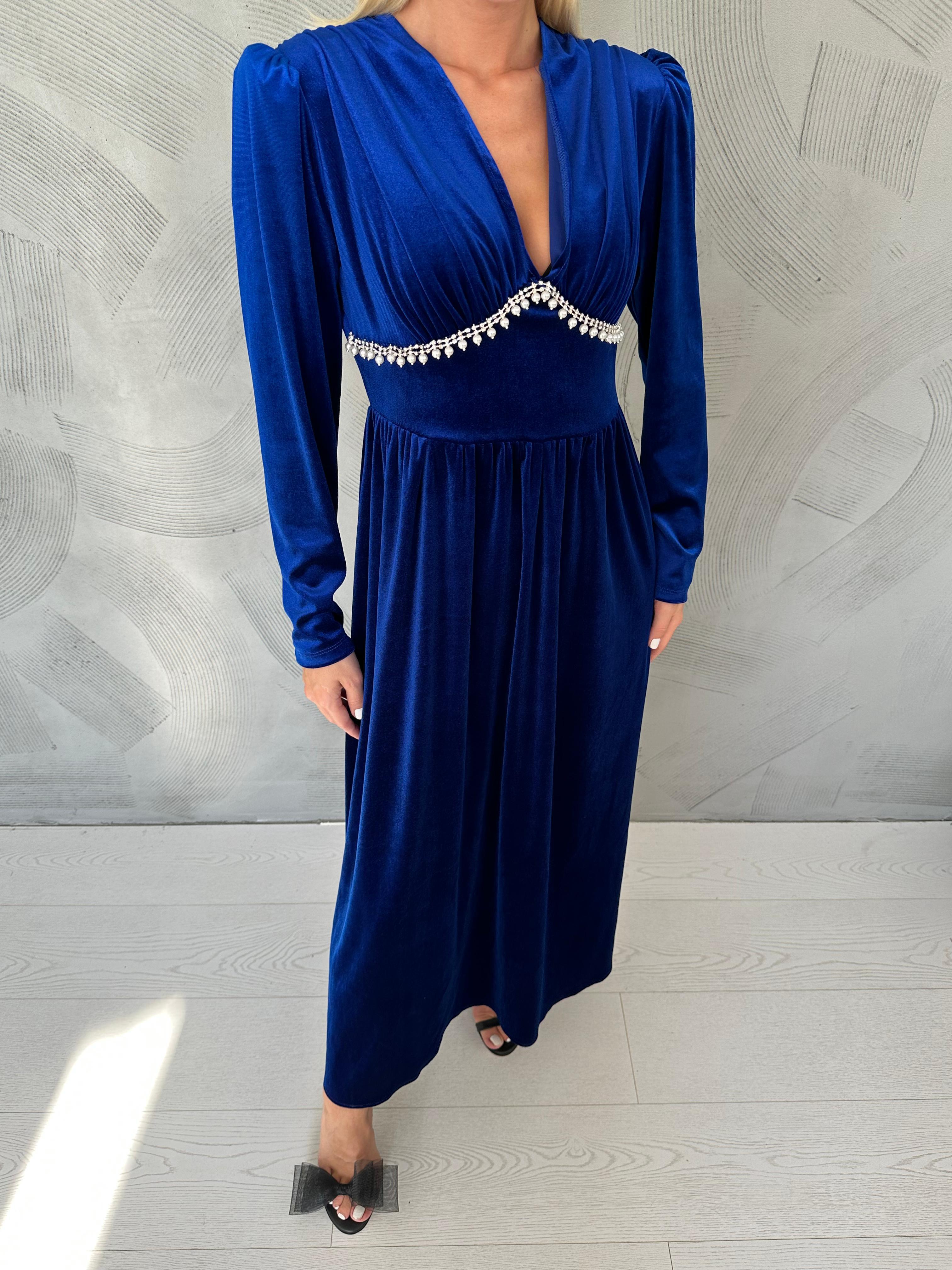 Saks Göğüs Altı Taşlı Elbise