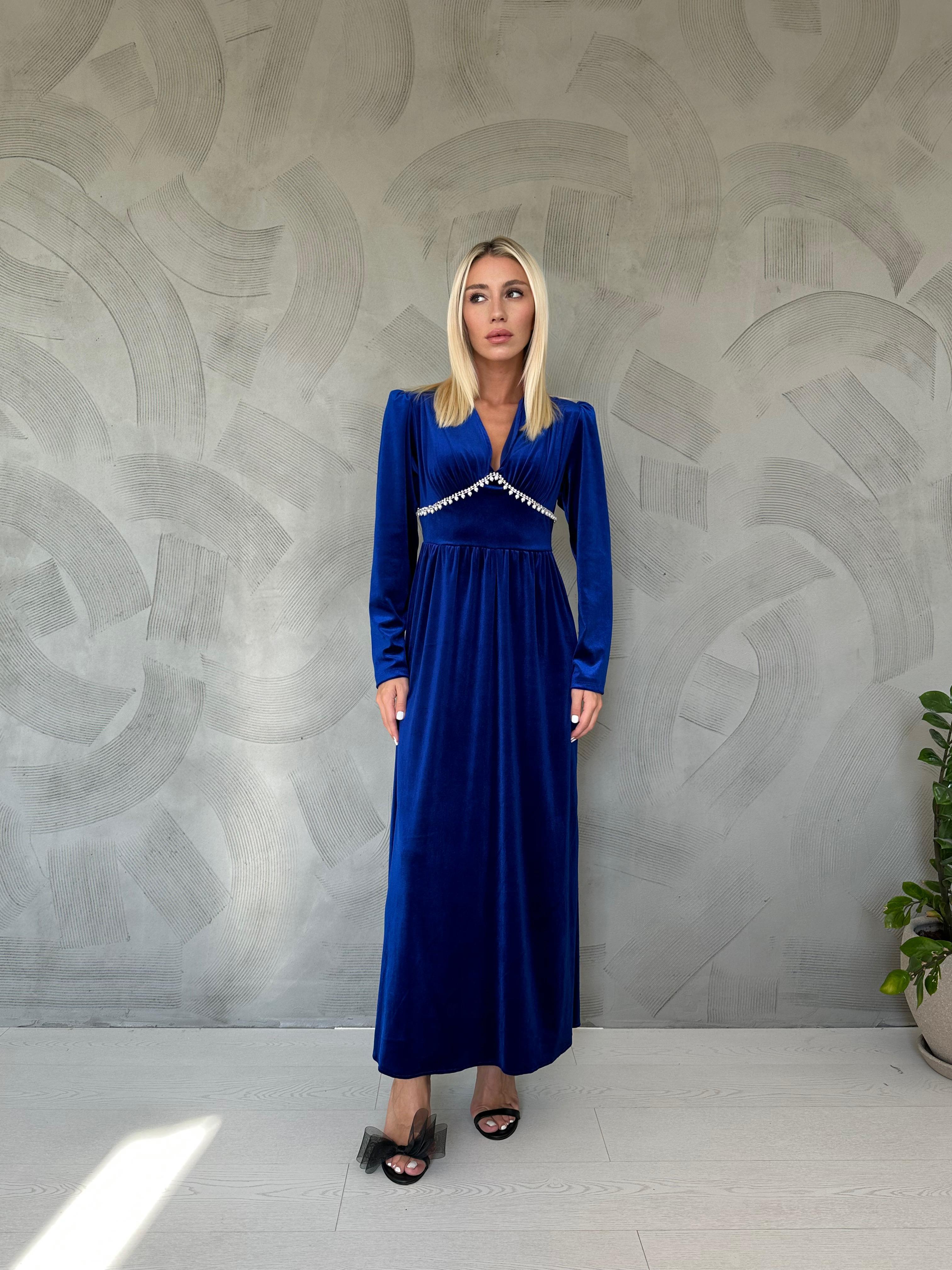 Saks Göğüs Altı Taşlı Elbise