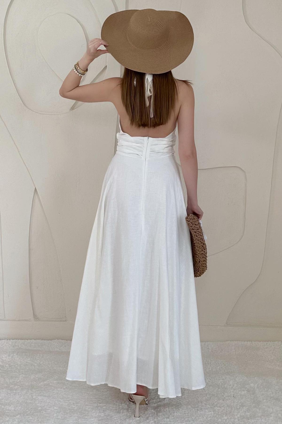 Beyaz Göğüs Dekolteli Sırt Detaylı Keten Elbise