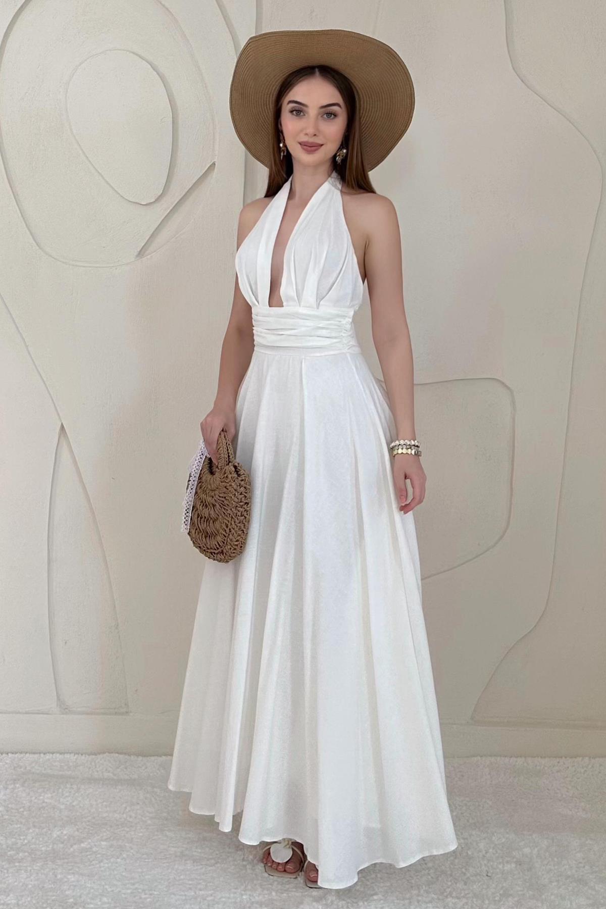Beyaz Göğüs Dekolteli Sırt Detaylı Keten Elbise