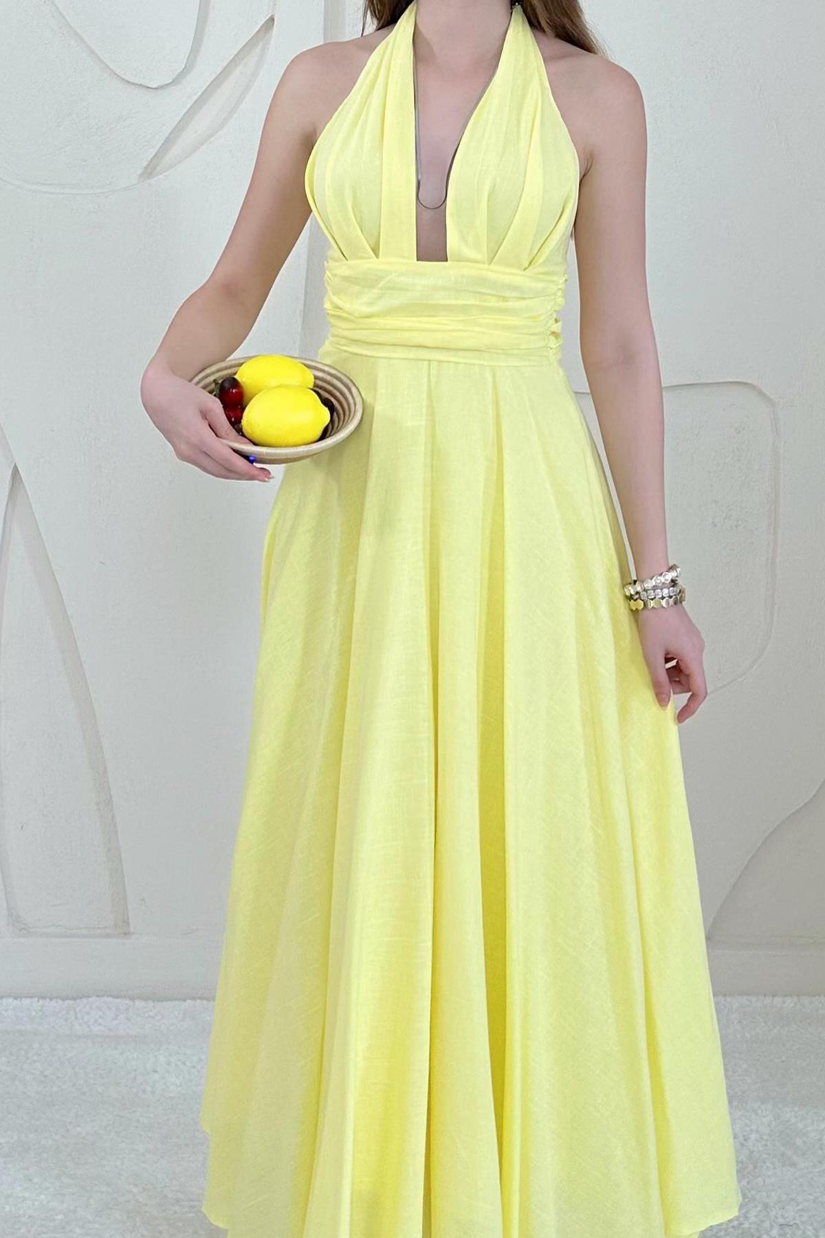 Sarı Göğüs Dekolteli Sırt Detaylı Keten Elbise