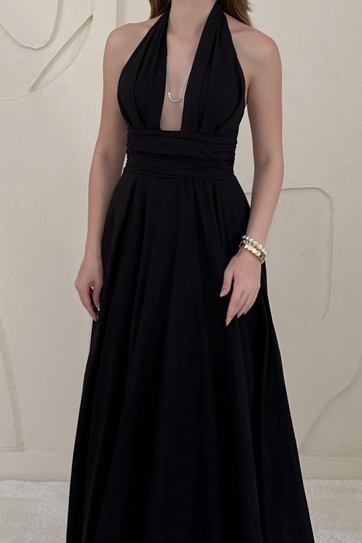 Siyah Göğüs Dekolteli Sırt Detaylı Keten Elbise