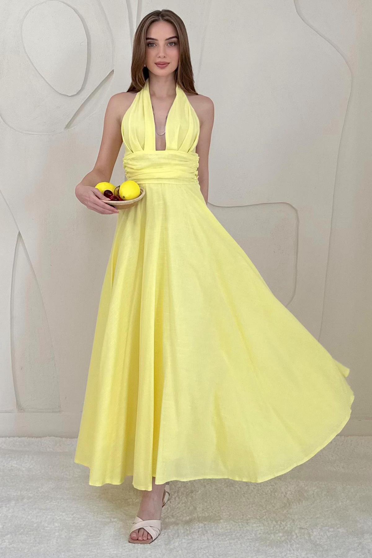 Sarı Göğüs Dekolteli Sırt Detaylı Keten Elbise