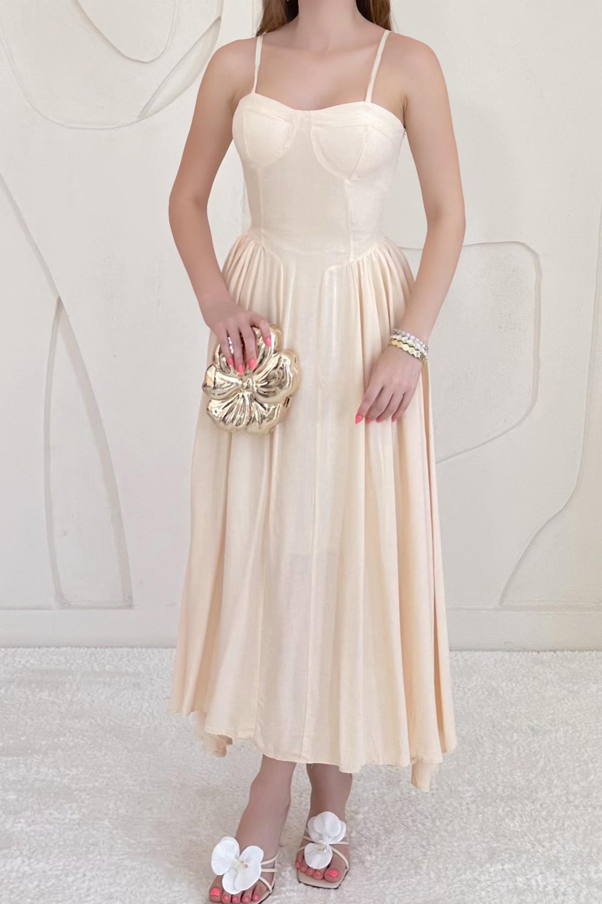 Bej Göğüs Kuplu Asklı Midi Elbise