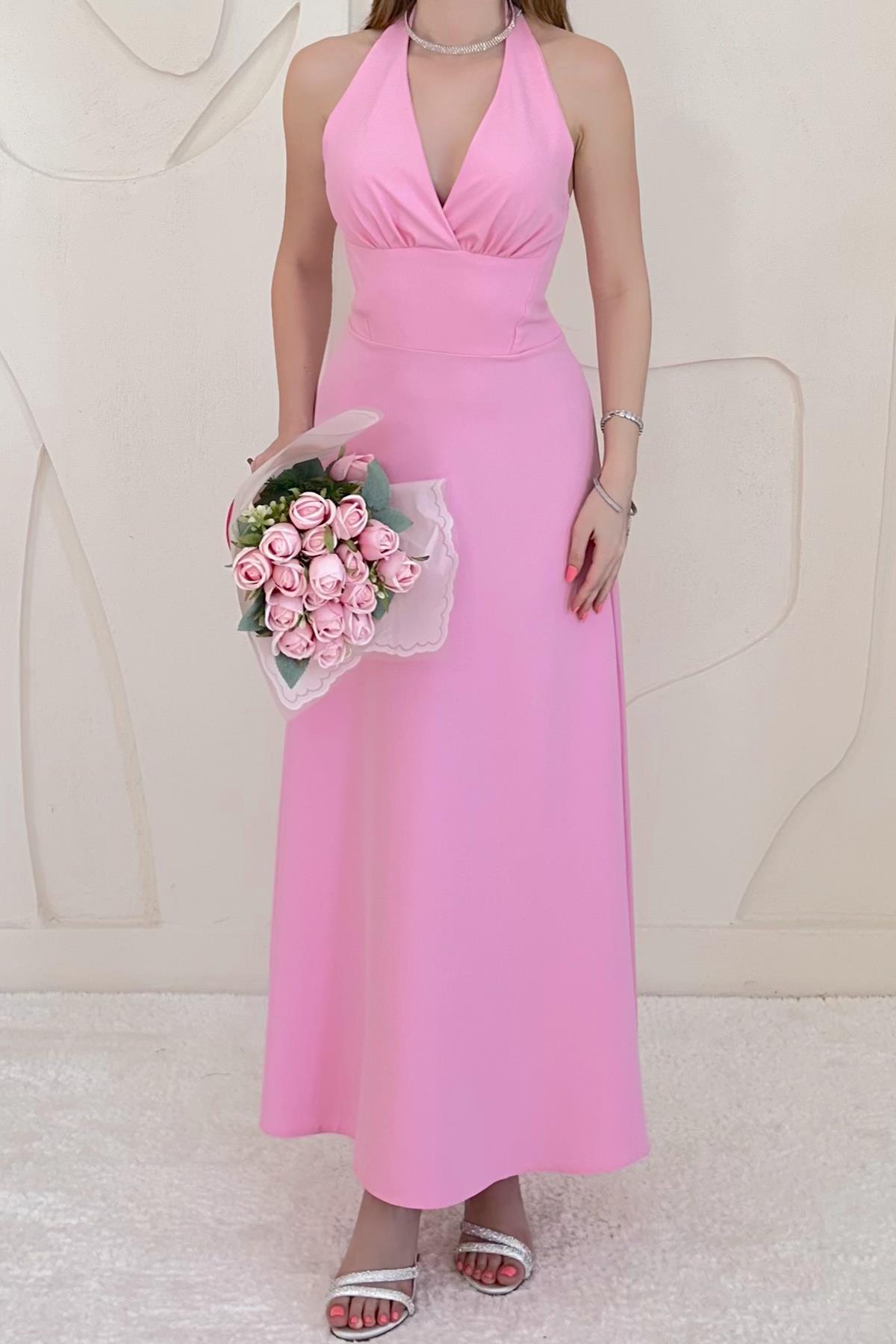 Pembe Göğüs Kuplu Sırtı Açık Elbise