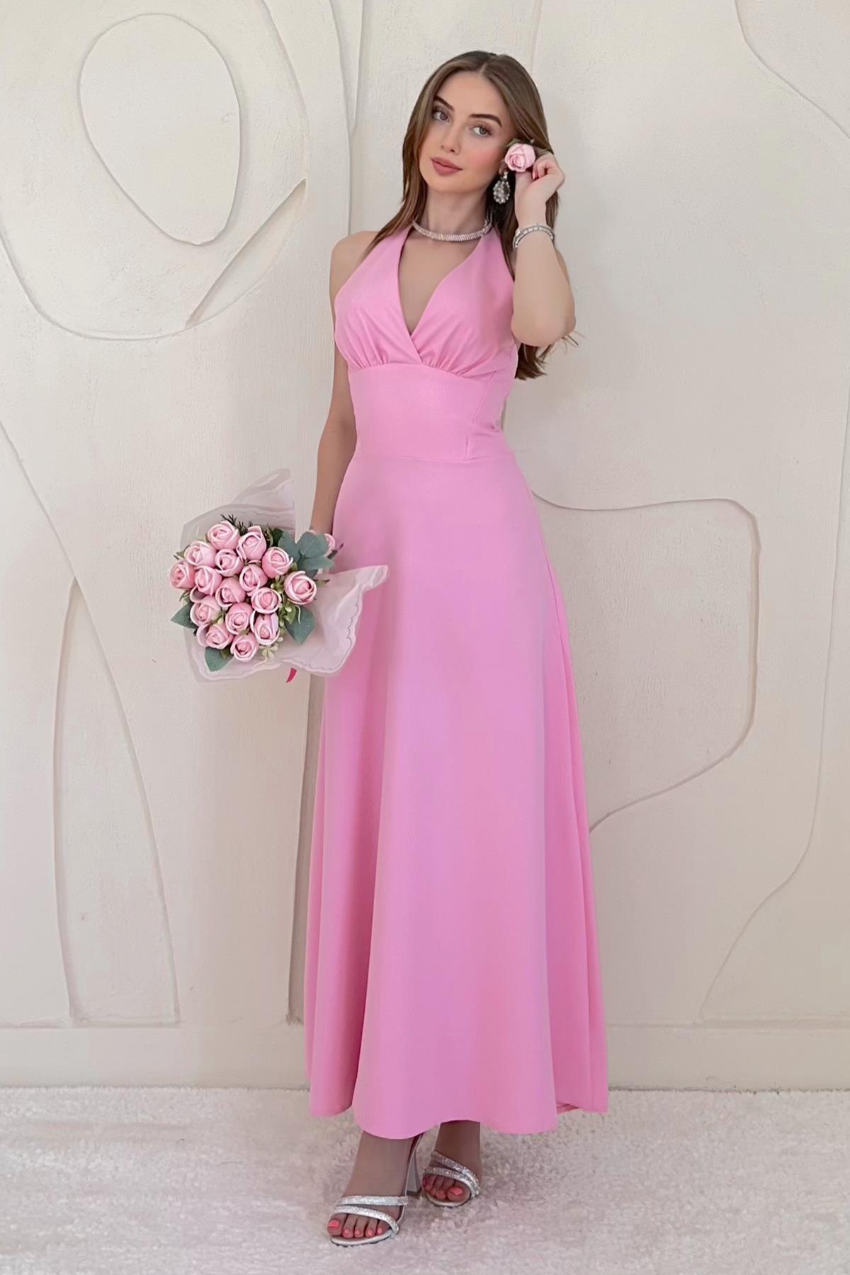 Pembe Göğüs Kuplu Sırtı Açık Elbise