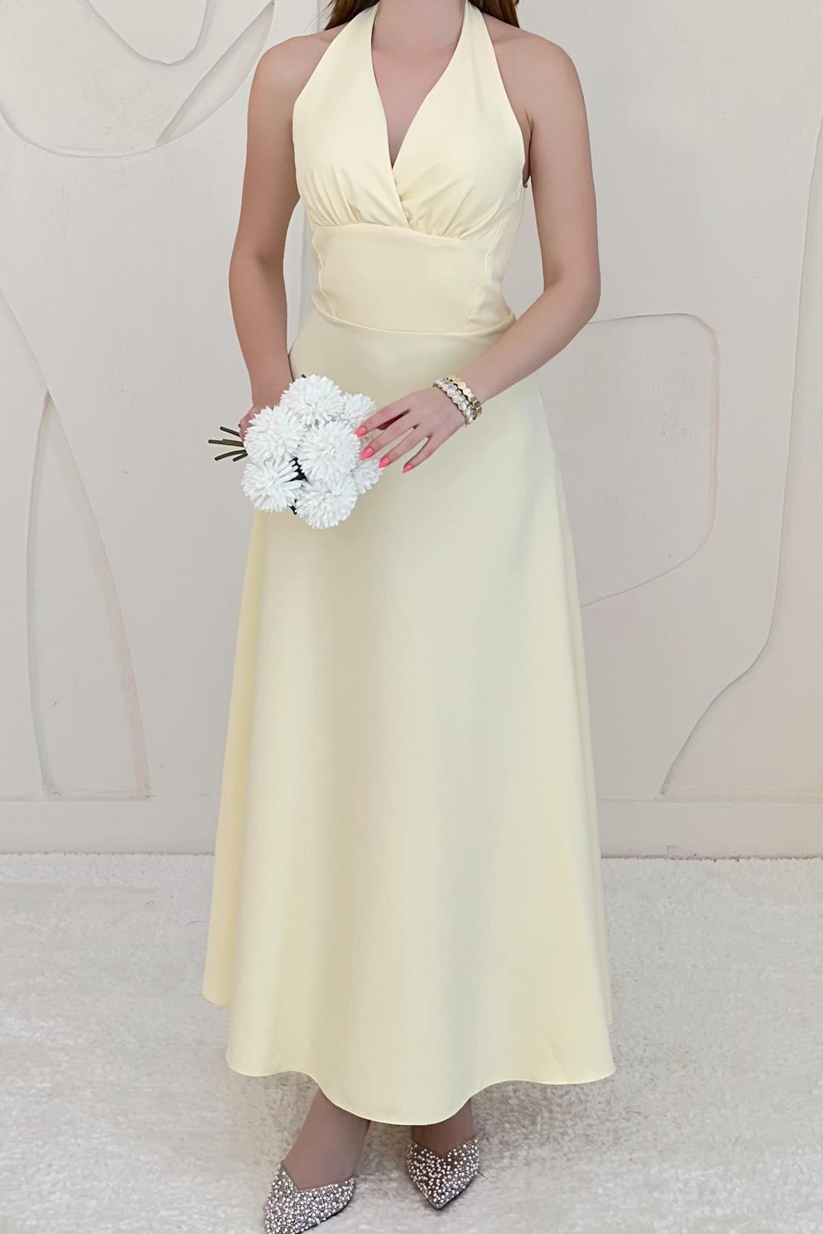 Sarı Göğüs Kuplu Sırtı Açık Elbise