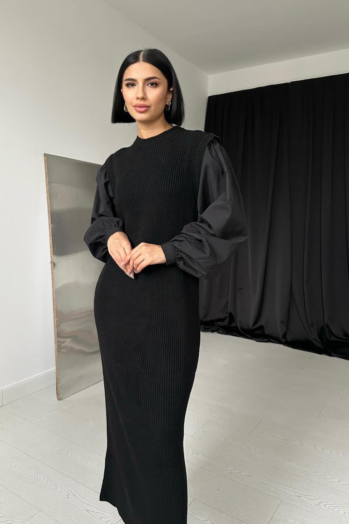 Siyah Gömlek Triko Elbise