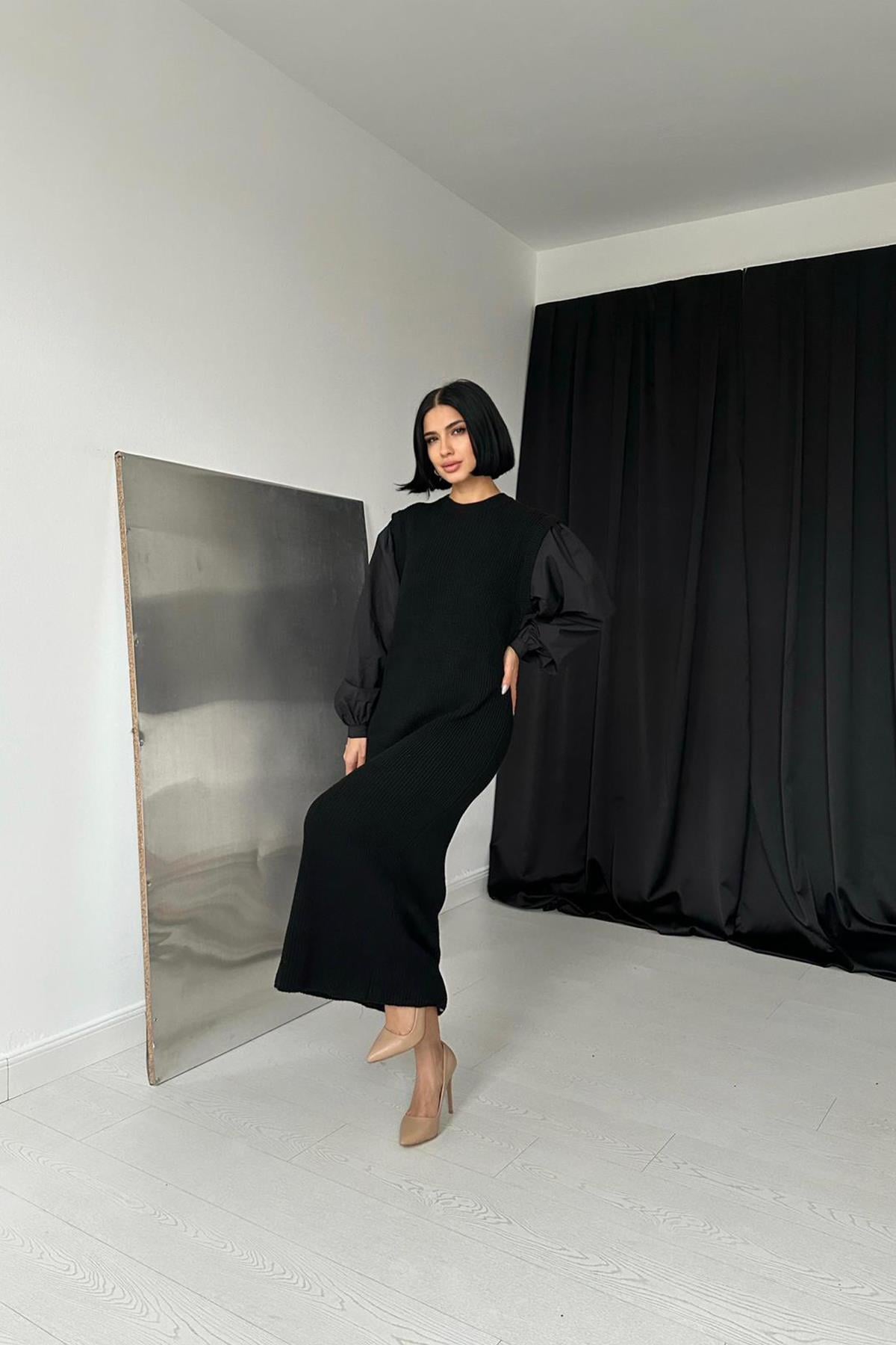 Siyah Gömlek Triko Elbise