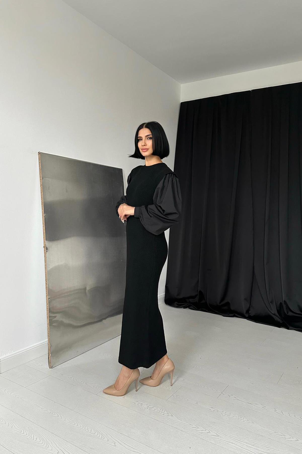 Siyah Gömlek Triko Elbise