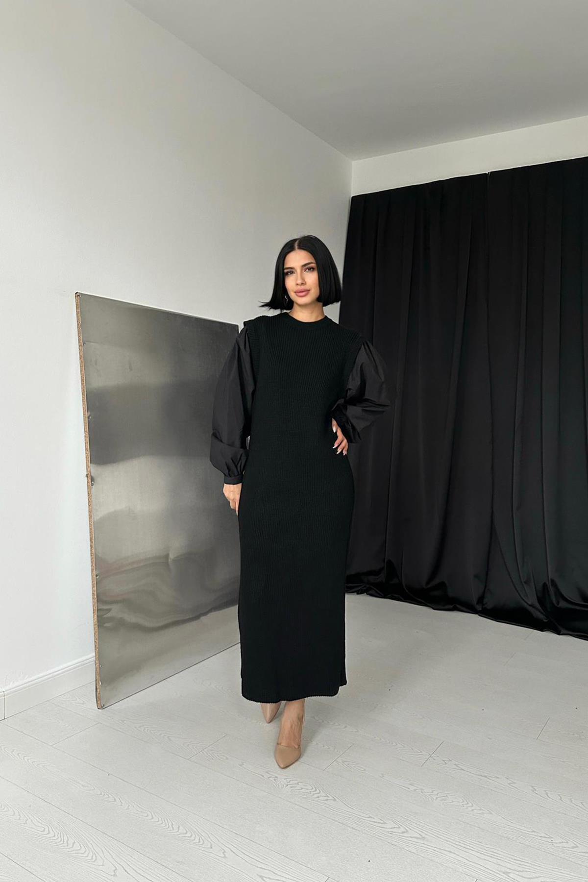 Siyah Gömlek Triko Elbise