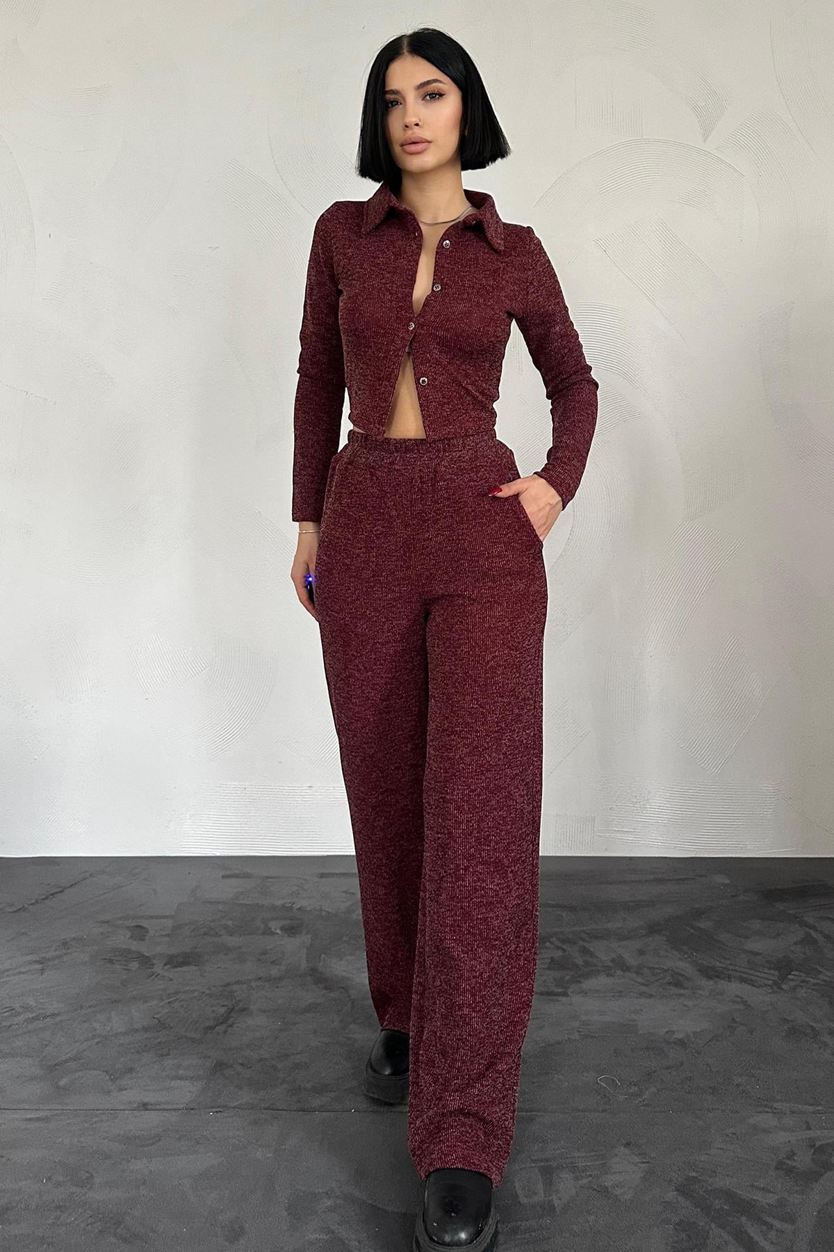 Bordo Gömlek ve Pantolon Eşofman Takım