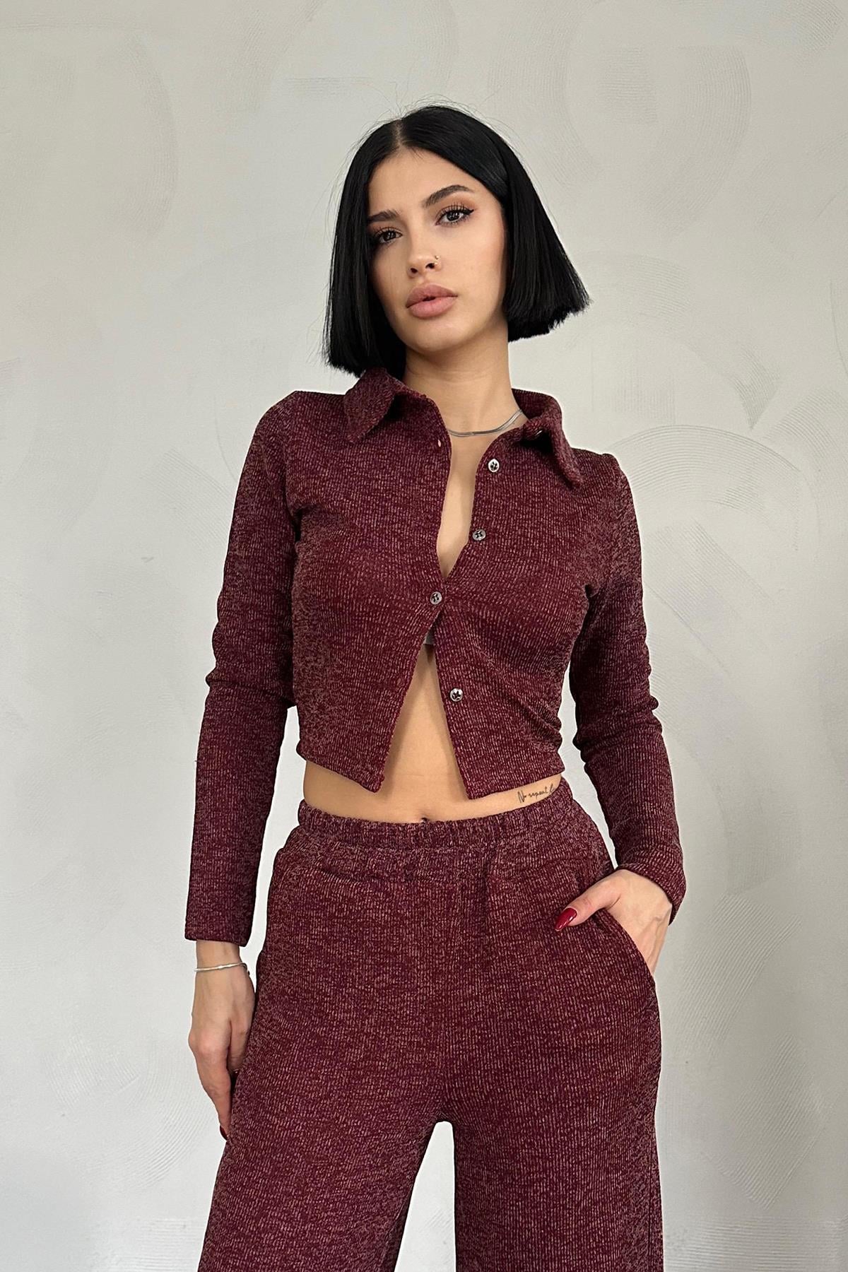 Bordo Gömlek ve Pantolon Eşofman Takım