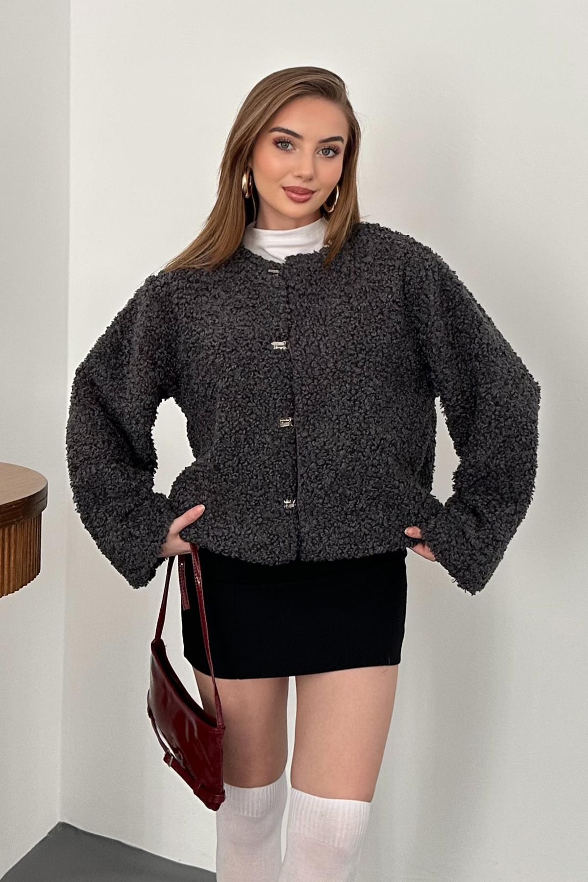 Gri Peluş Kısa Ceket