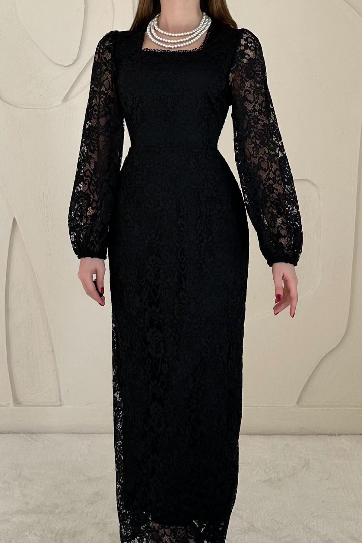 Siyah Güpür Detaylı Dantel Elbise