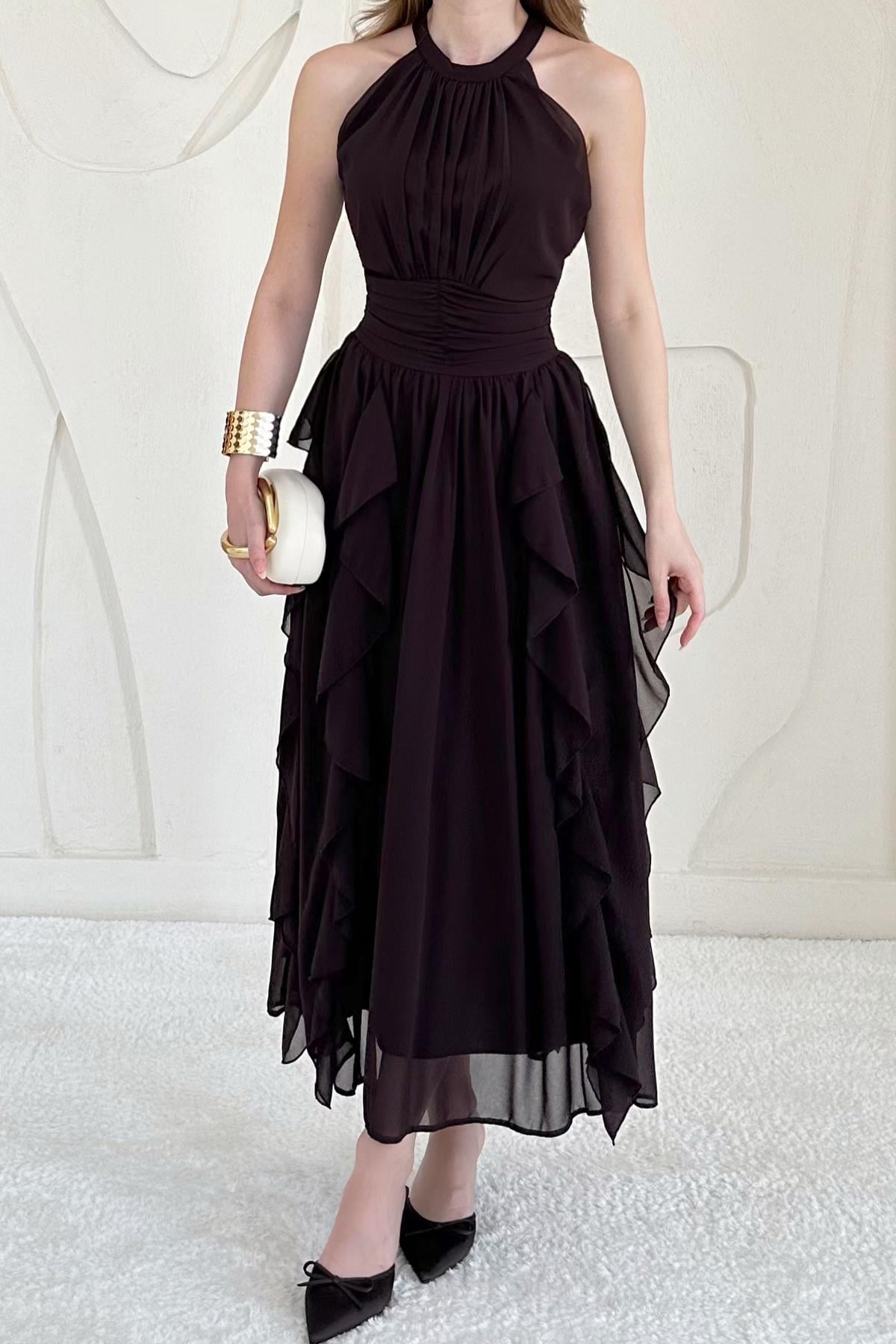 Kahverengi Halter Yaka Astarlı Elbise