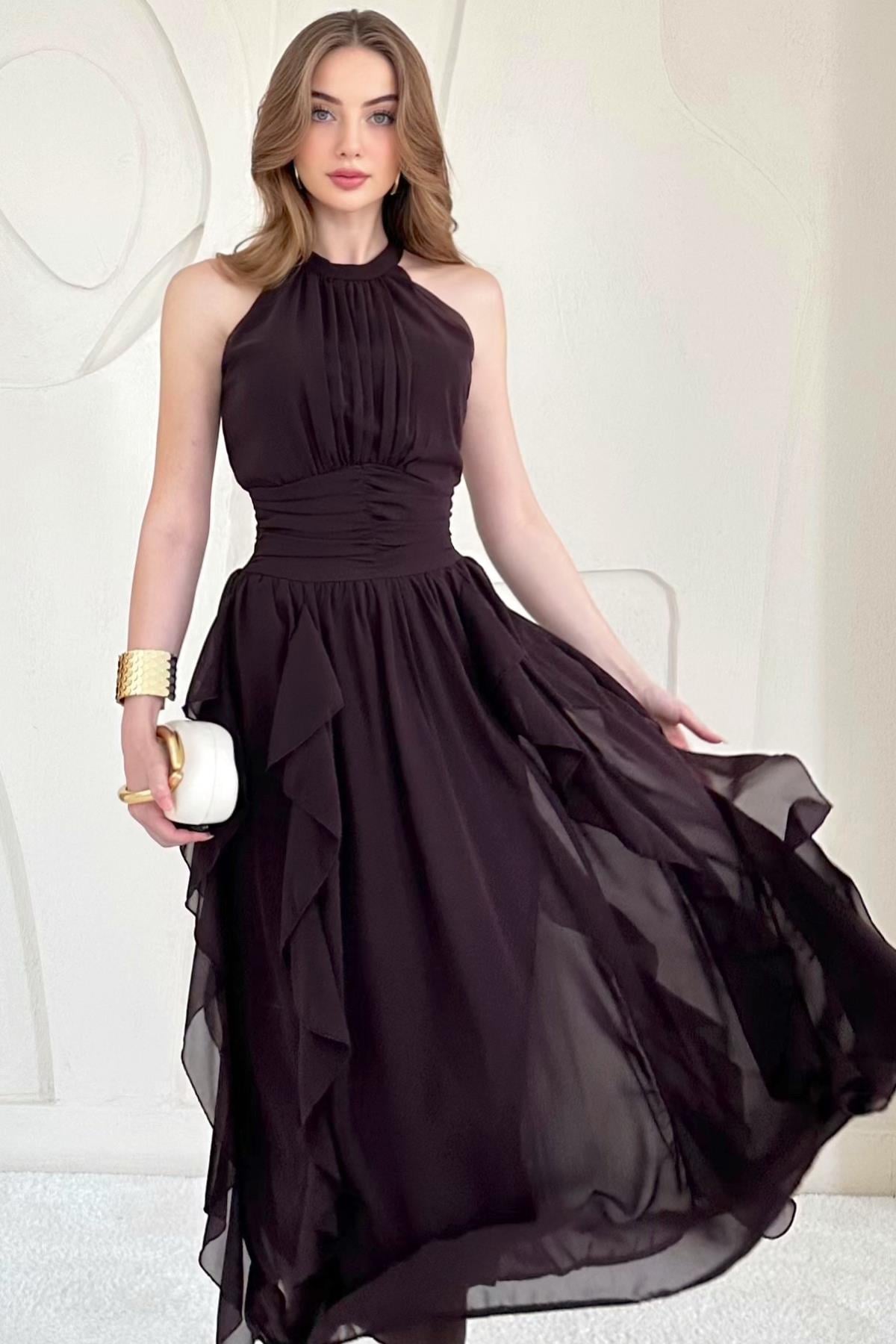 Kahverengi Halter Yaka Astarlı Elbise