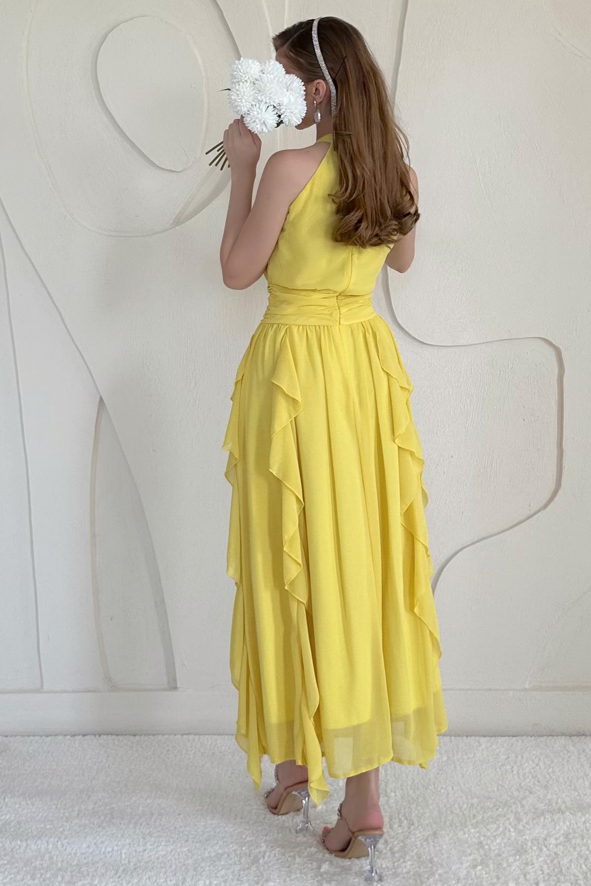 Sarı Halter Yaka Astarlı Elbise
