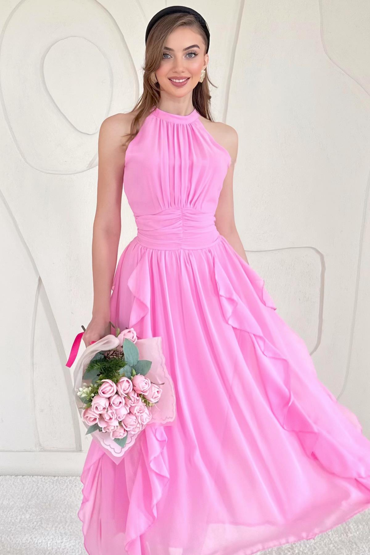 Pembe Halter Yaka Astarlı Elbise