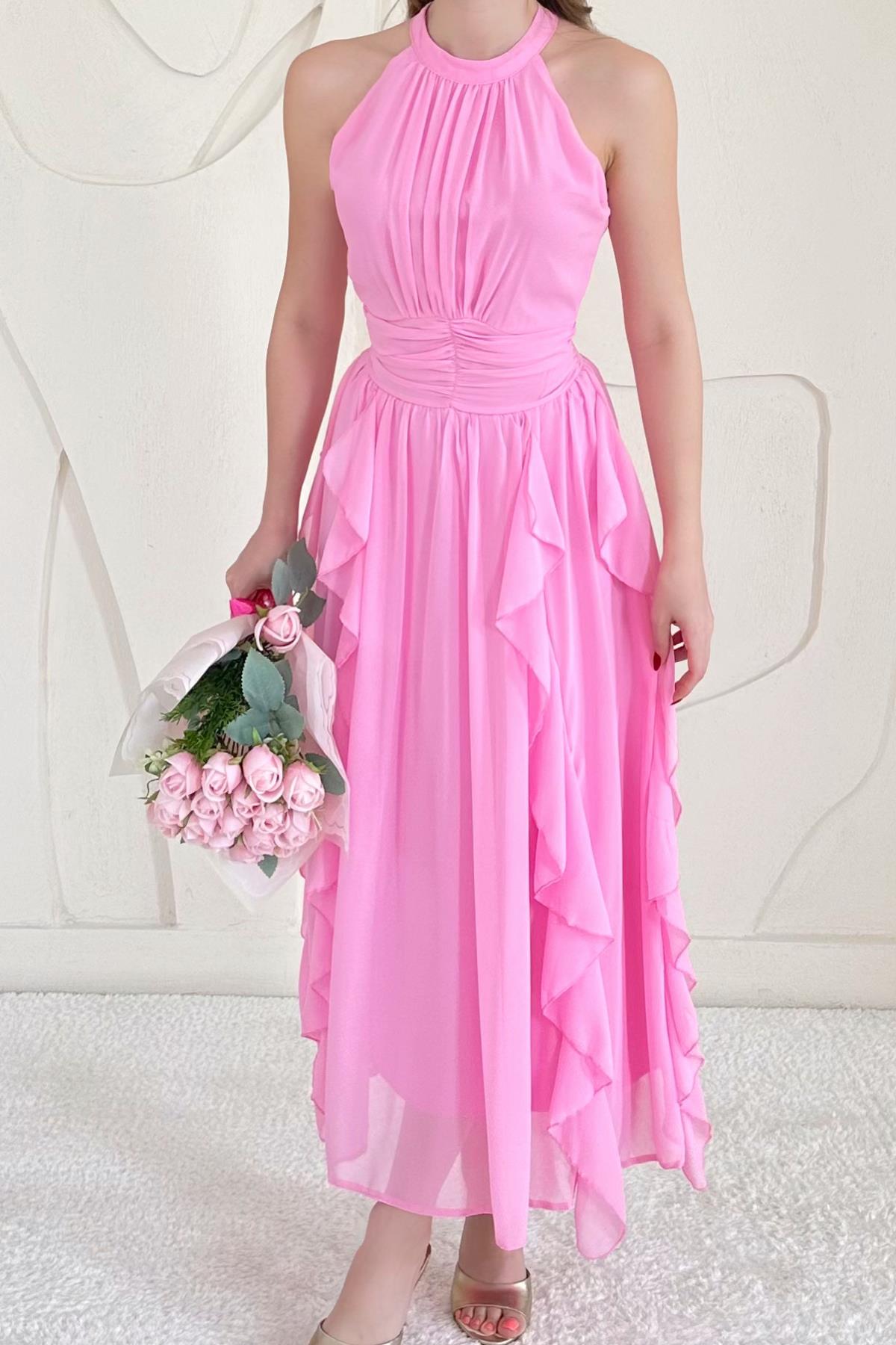 Pembe Halter Yaka Astarlı Elbise