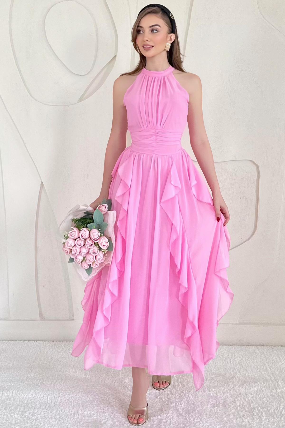 Pembe Halter Yaka Astarlı Elbise