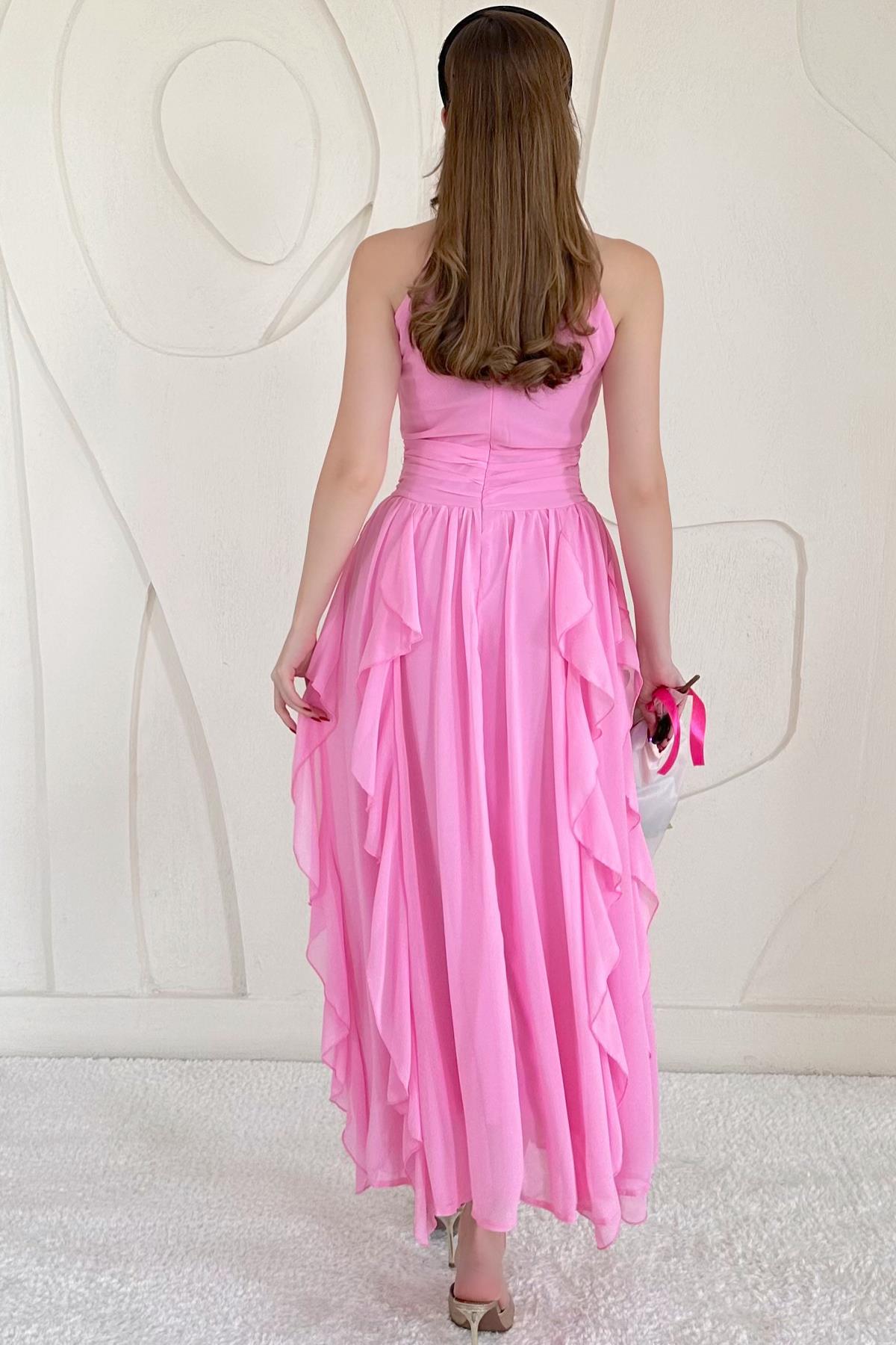 Pembe Halter Yaka Astarlı Elbise