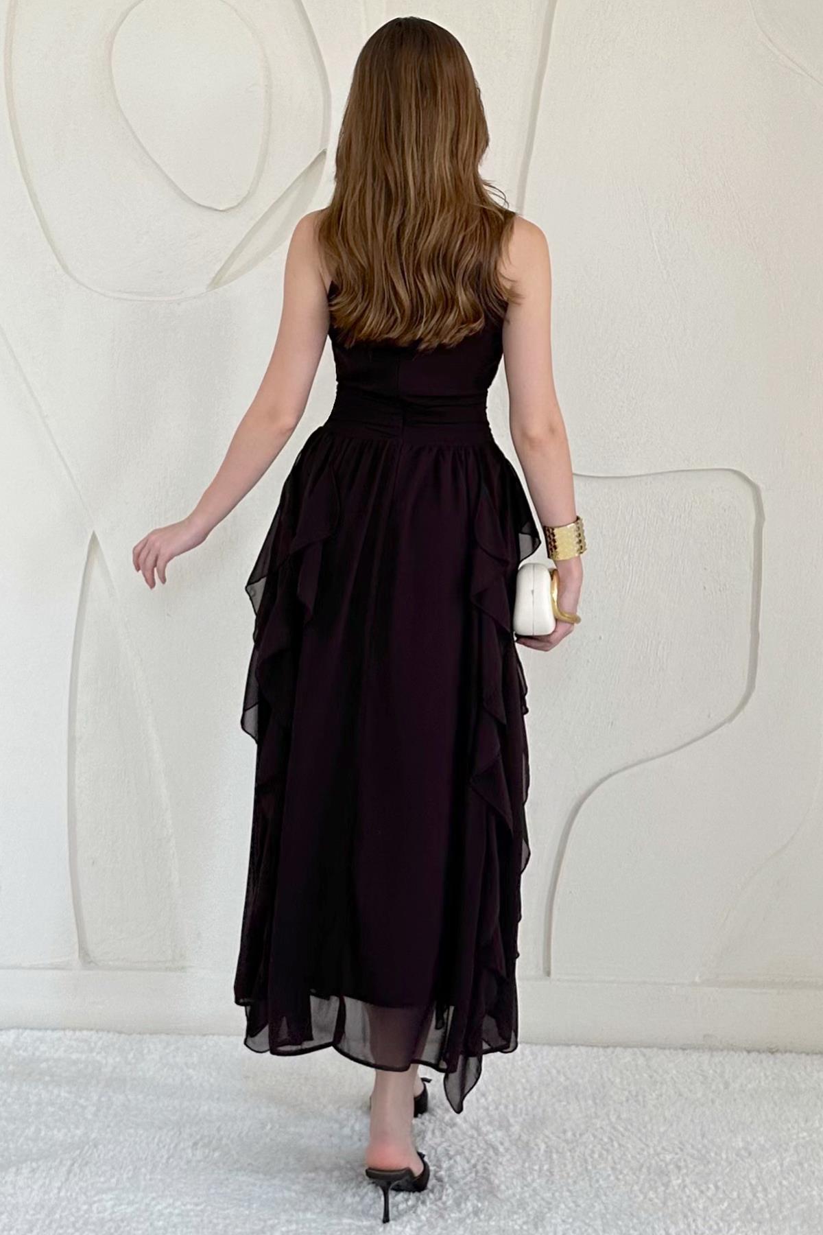 Kahverengi Halter Yaka Astarlı Elbise