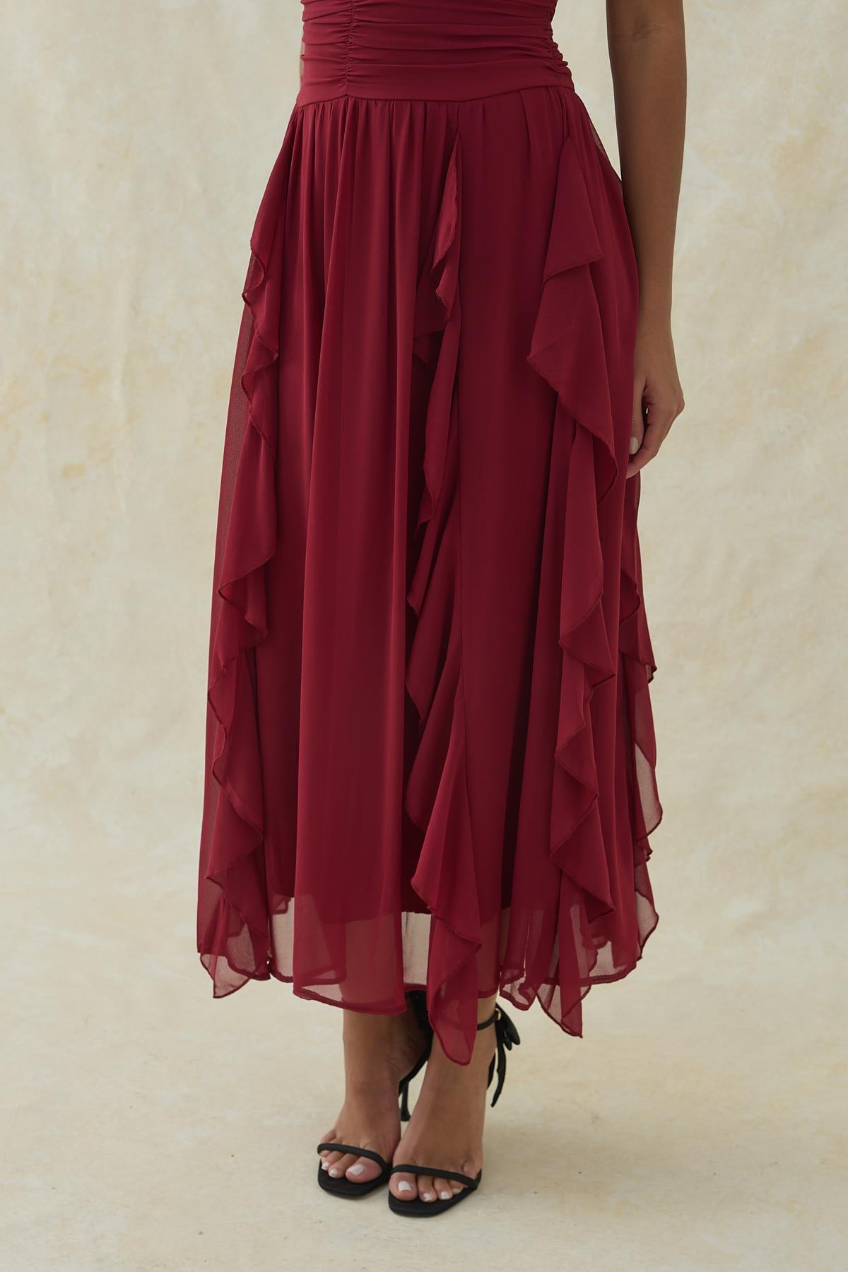 Bordo Halter Yaka Astarlı Elbise