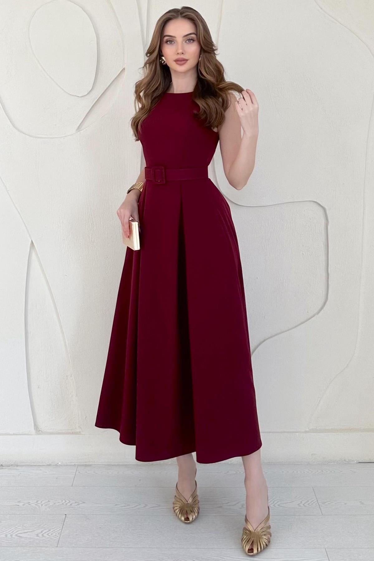 Bordo Halter Yaka Kloş Elbise