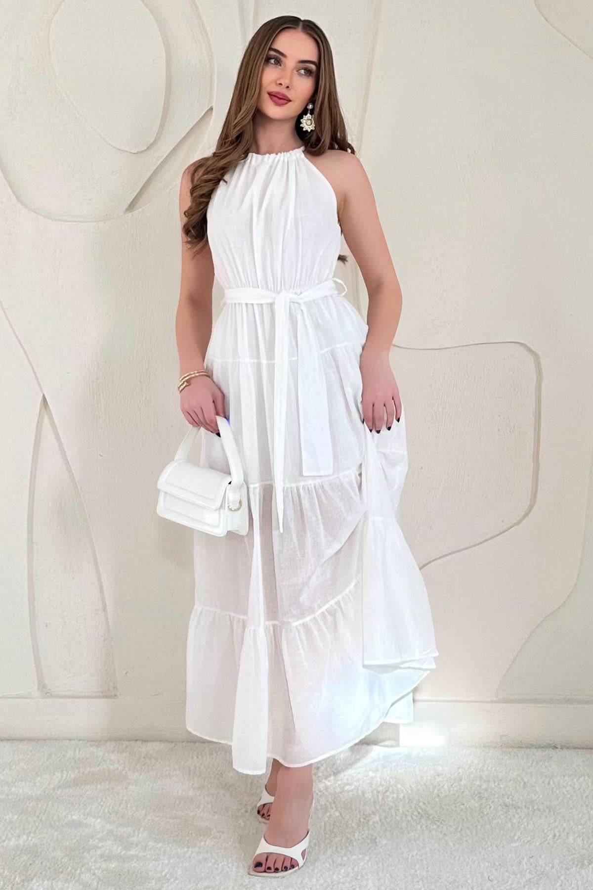 Ekru Halter Yaka Kuşaklı Elbise