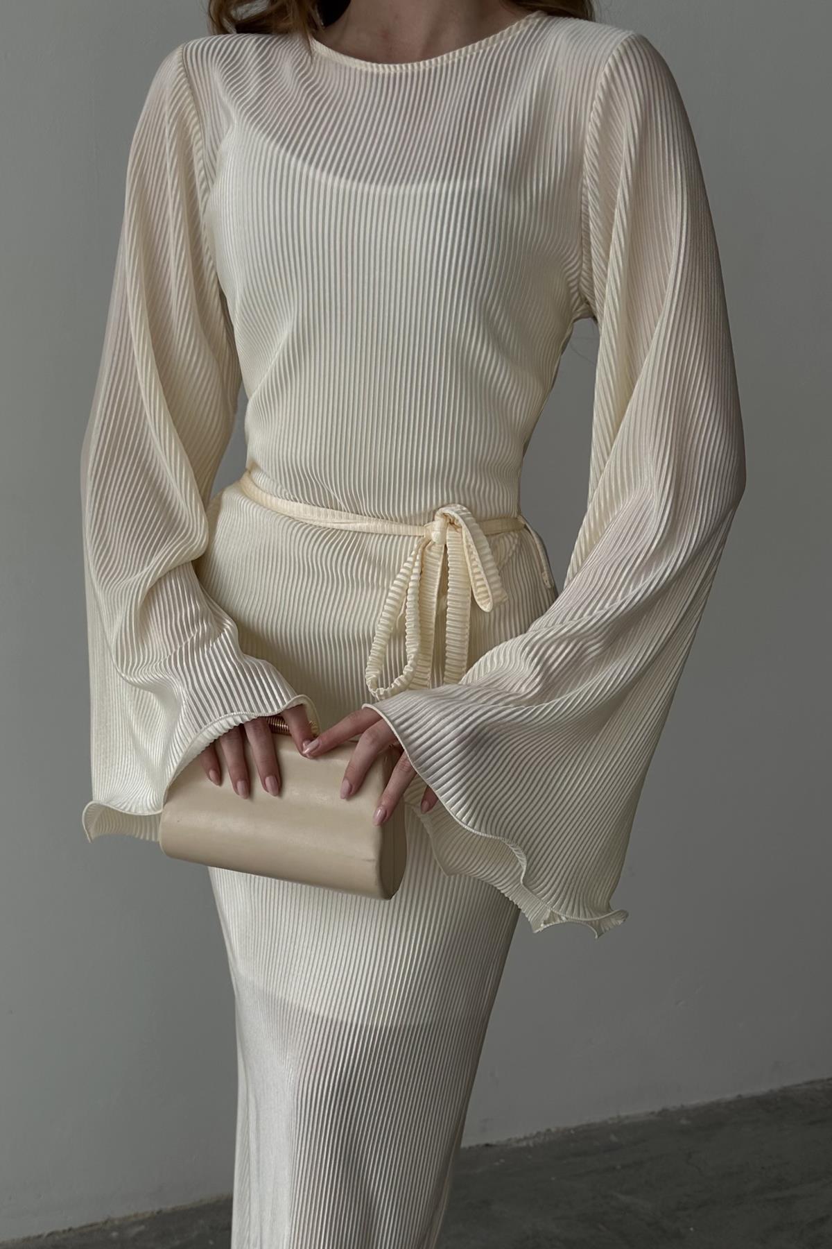 Ekru İspanyol Kol Piliseli Elbise