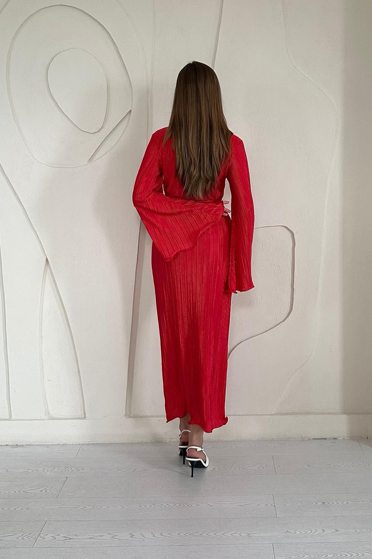 Kırmızı İspanyol Kol Piliseli Elbise