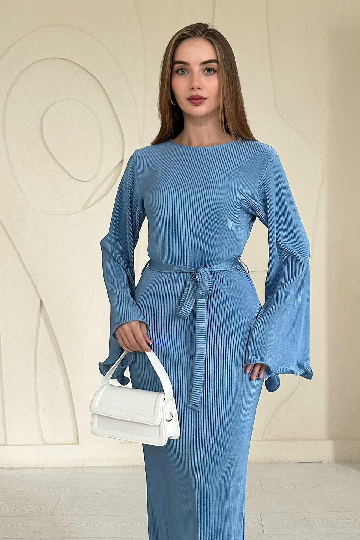 Mavi İspanyol Kol Piliseli Elbise