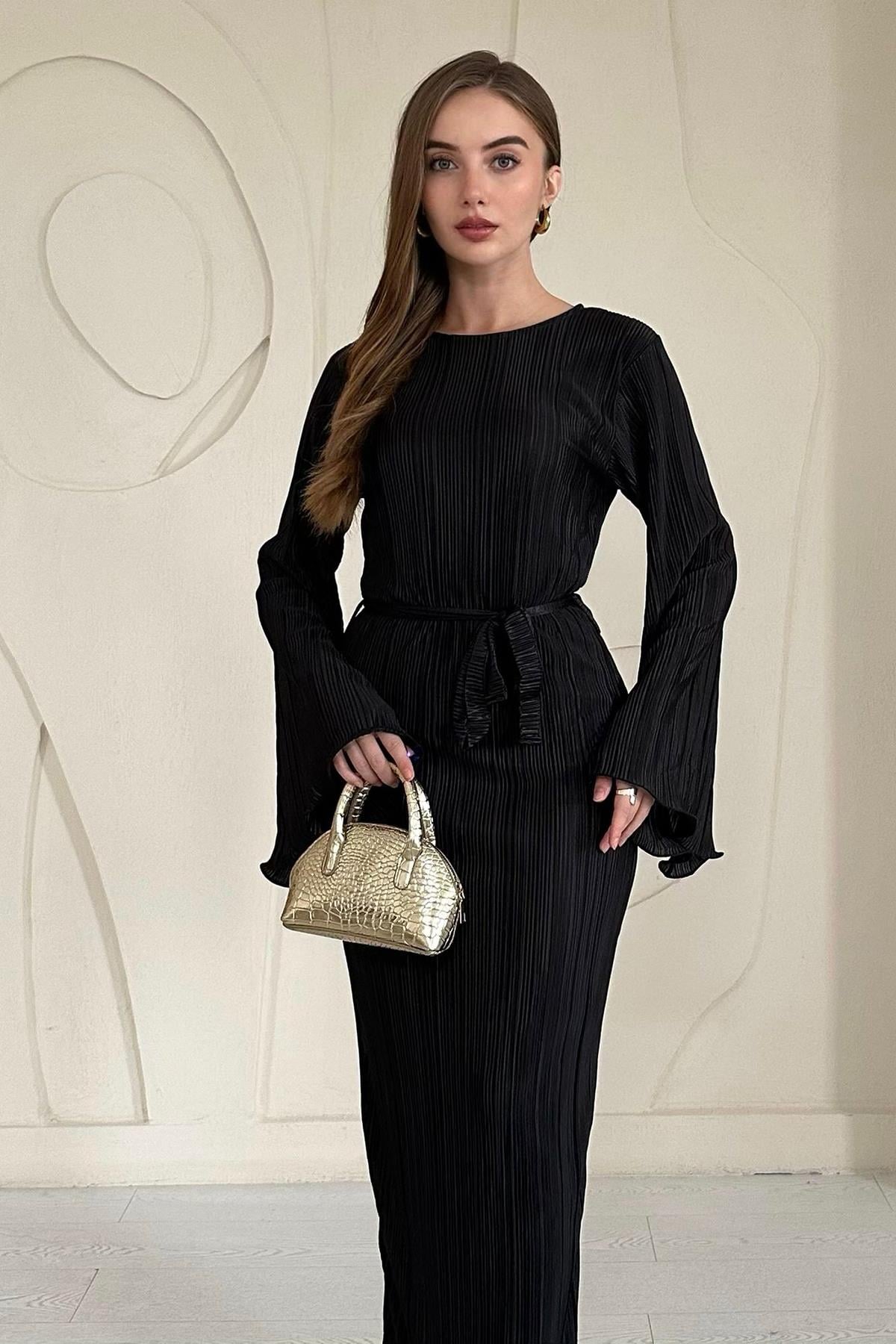 Siyah İspanyol Kol Piliseli Elbise