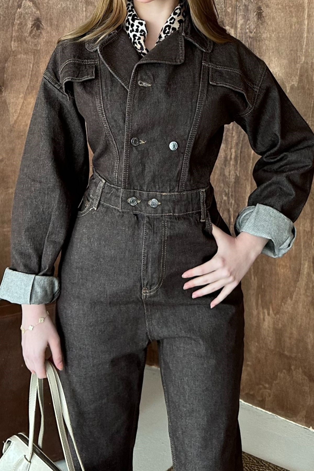 Kahverengi Denim Tulum