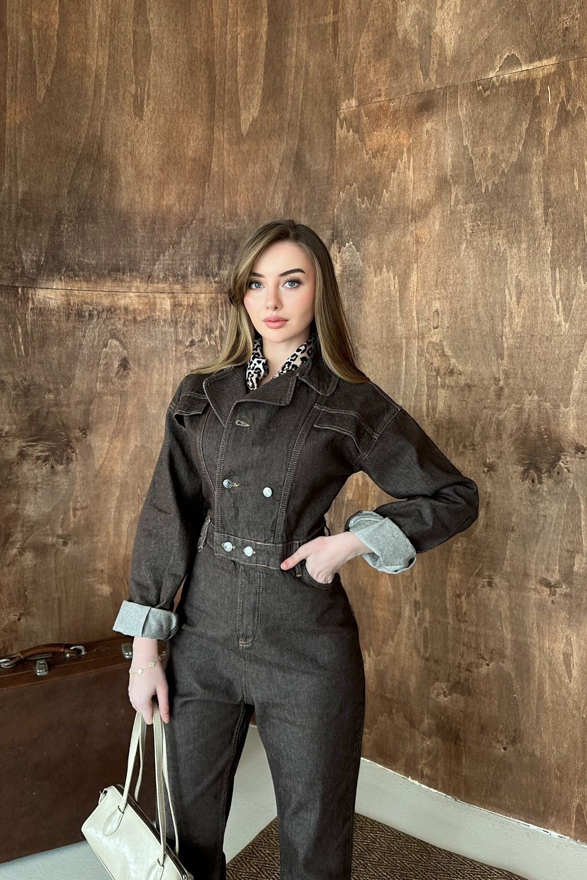 Kahverengi Denim Tulum