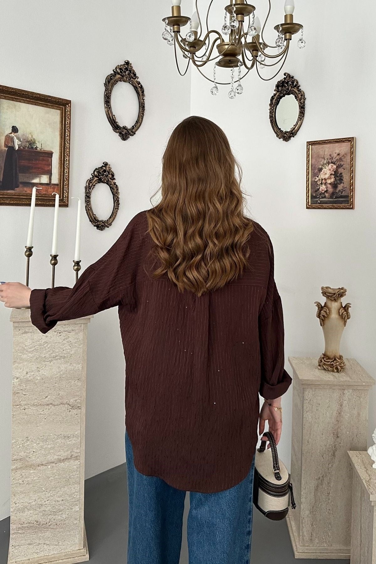 Kahverengi Nakışlı Oversize Gömlek