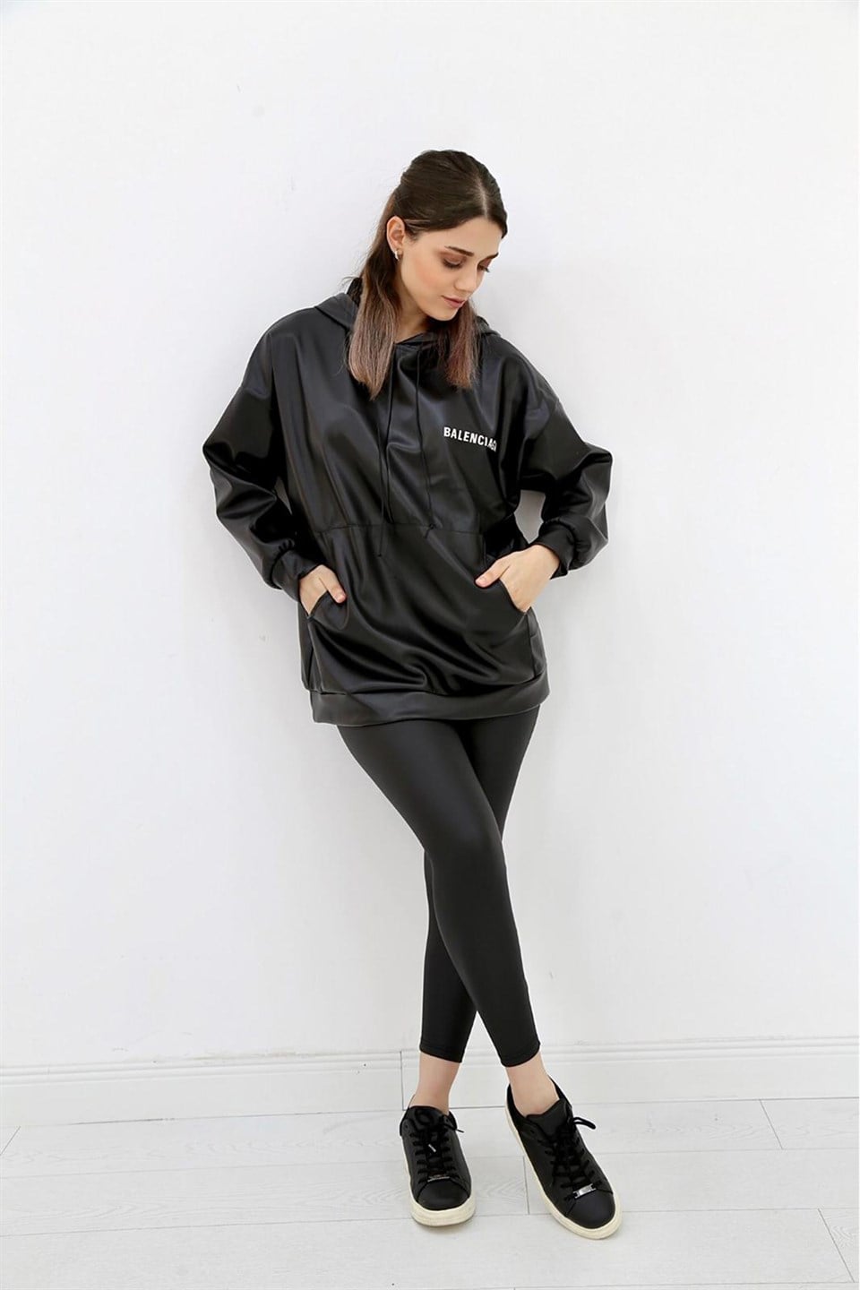 Hooded Text Printed Leather Sweatshirt