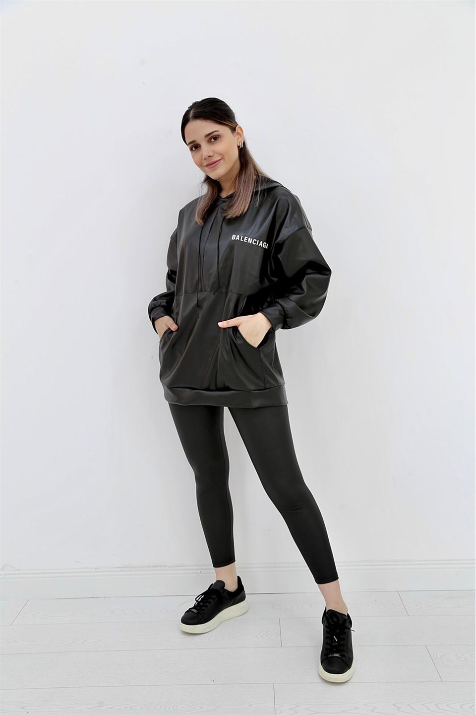 Hooded Text Printed Leather Sweatshirt
