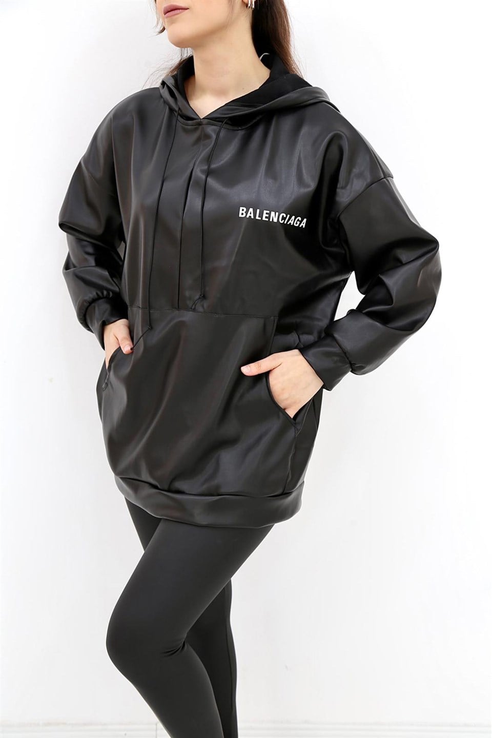 Hooded Text Printed Leather Sweatshirt