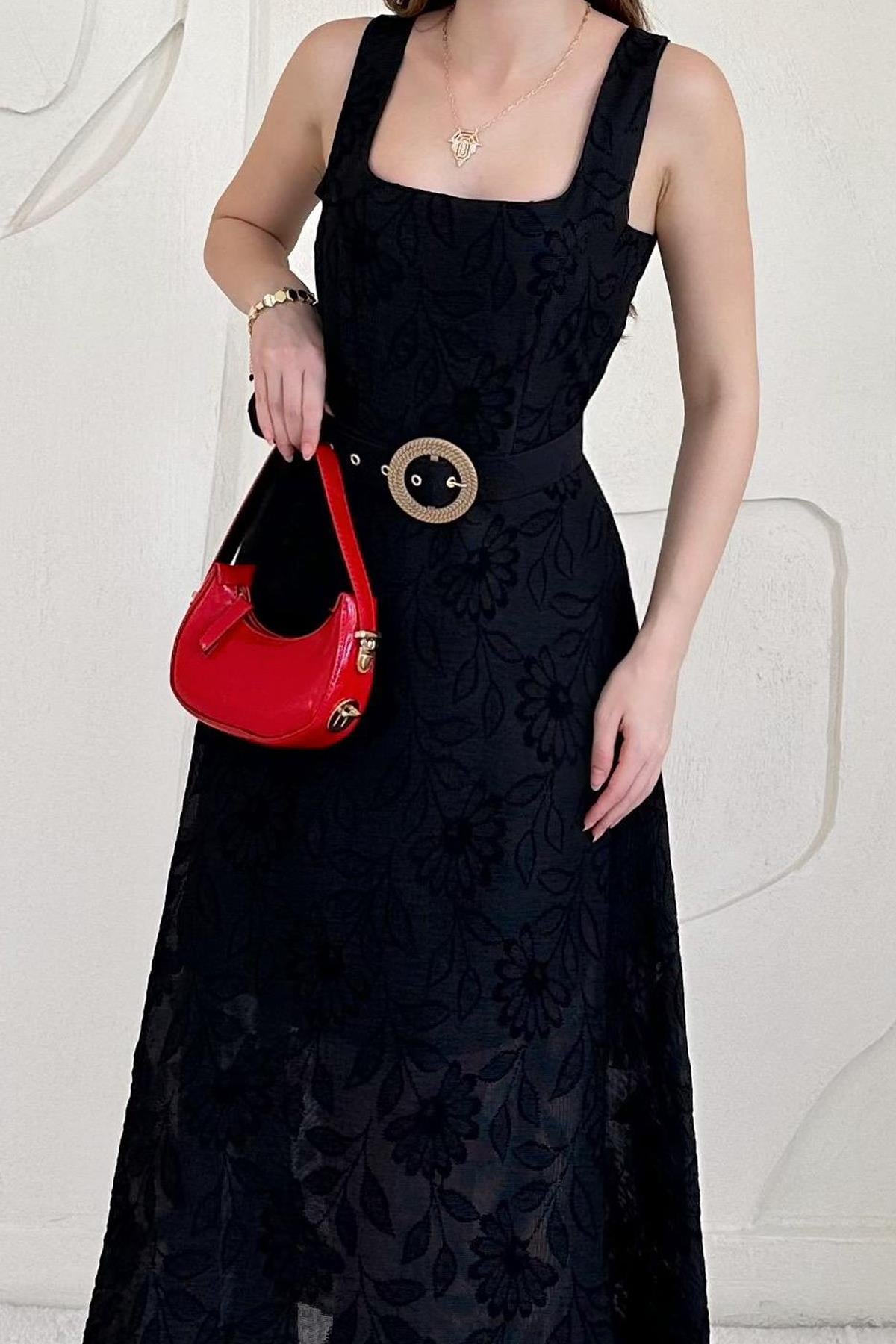Belt Detailed Jacquard Long Dress