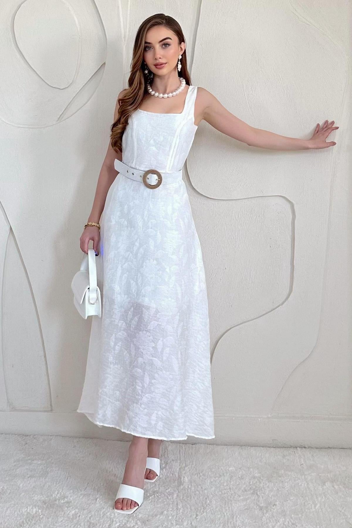 Belt Detailed Jacquard Long Dress