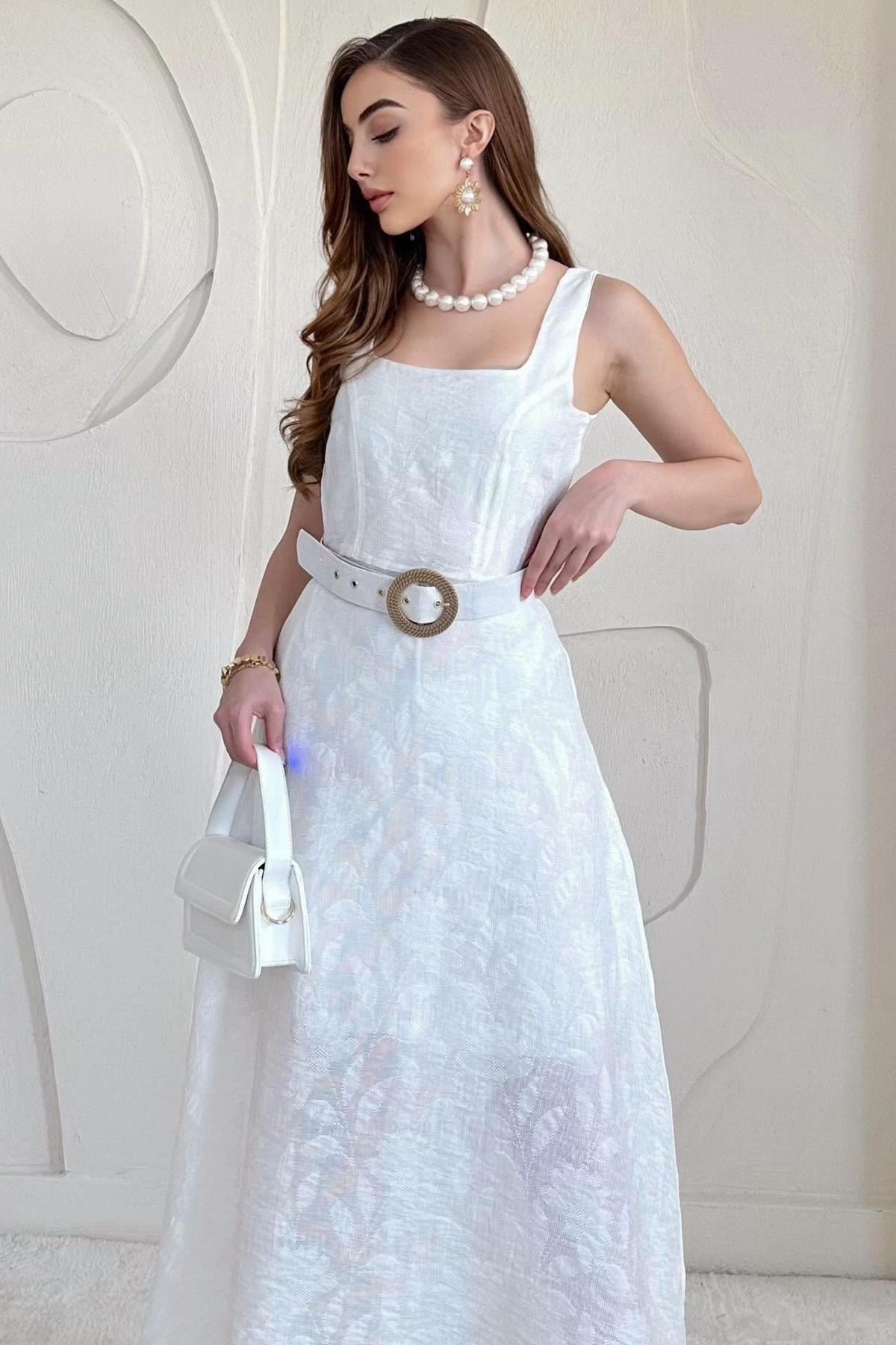 Belt Detailed Jacquard Long Dress