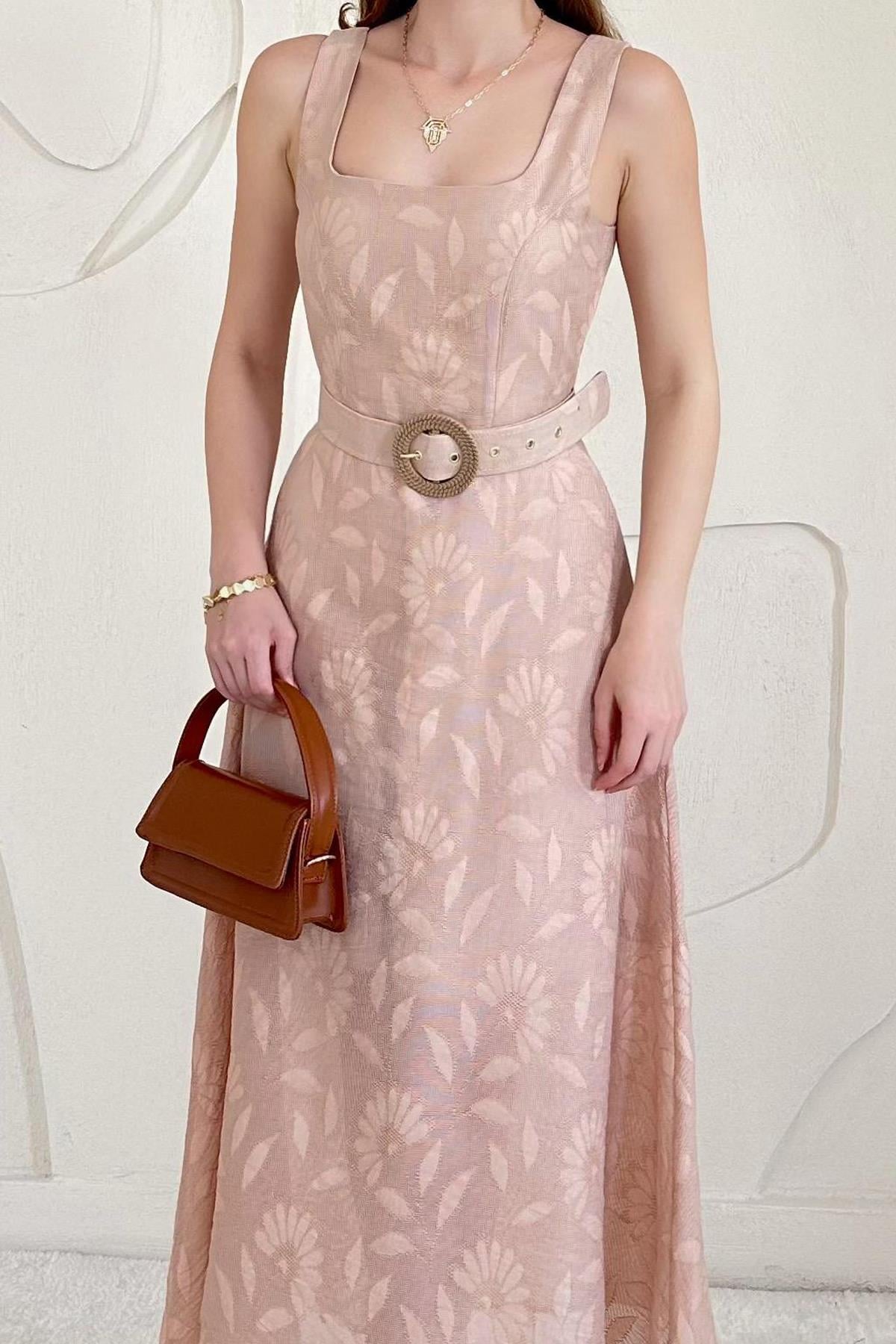 Belt Detailed Jacquard Long Dress