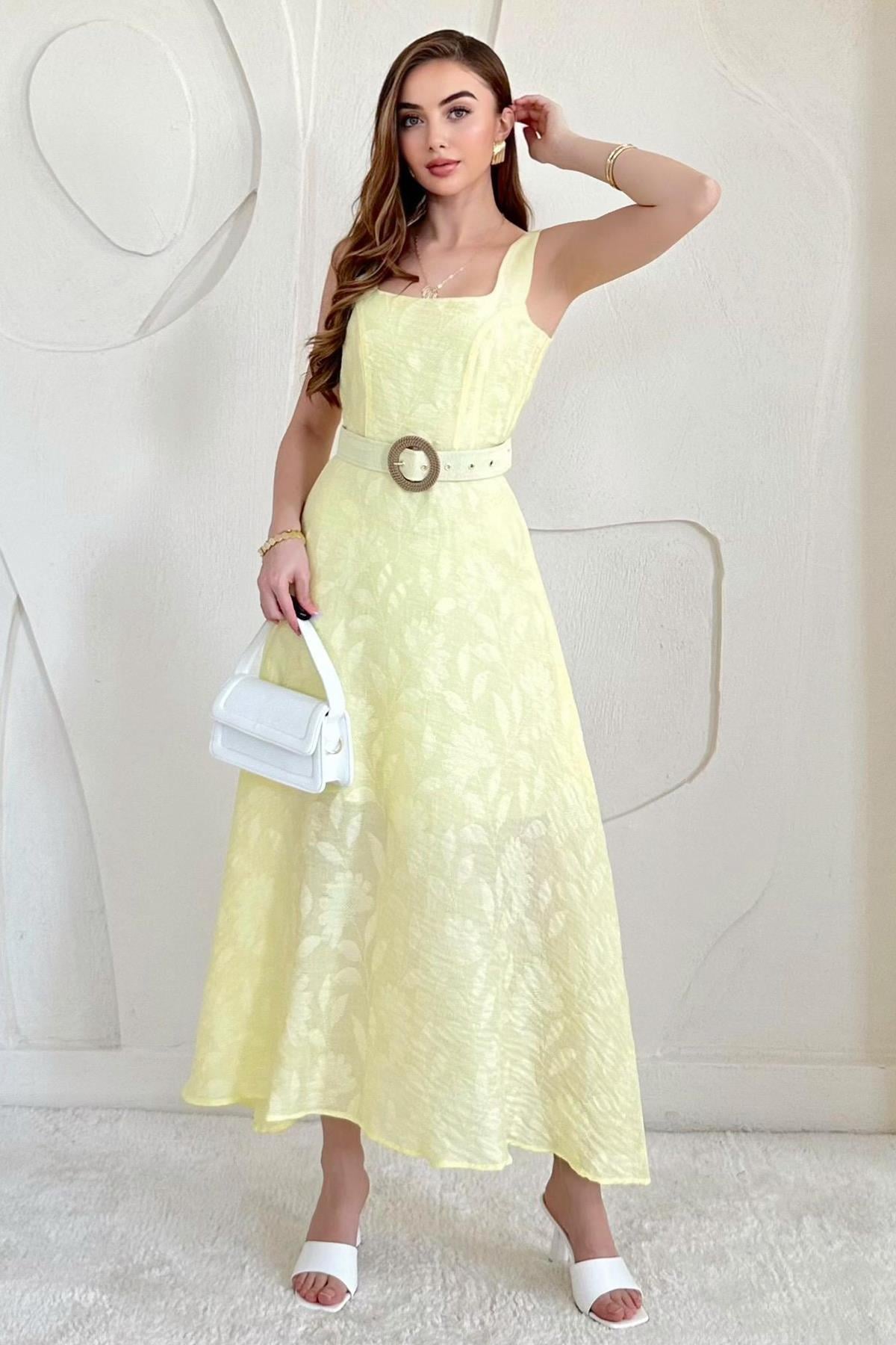 Belt Detailed Jacquard Long Dress