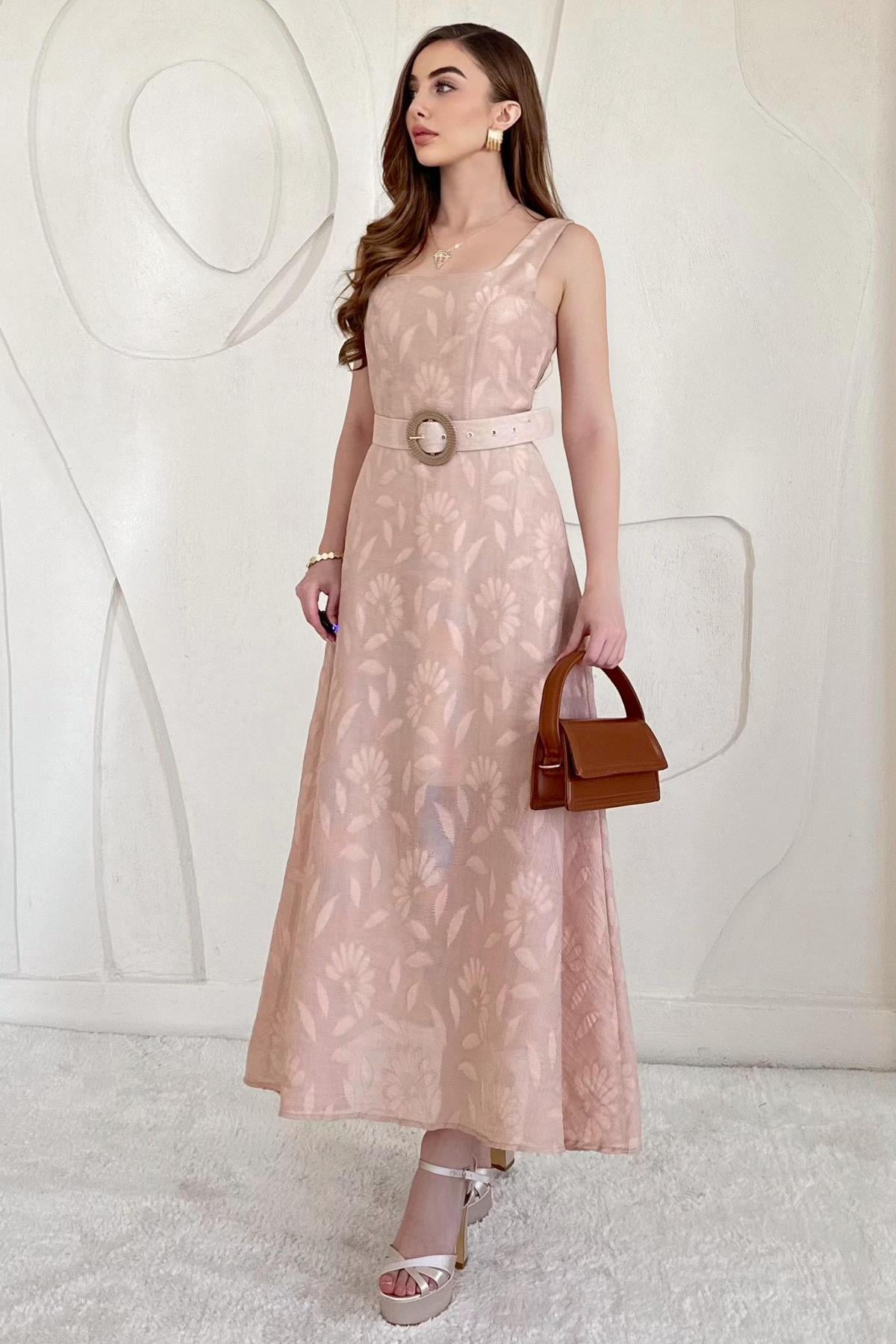 Belt Detailed Jacquard Long Dress