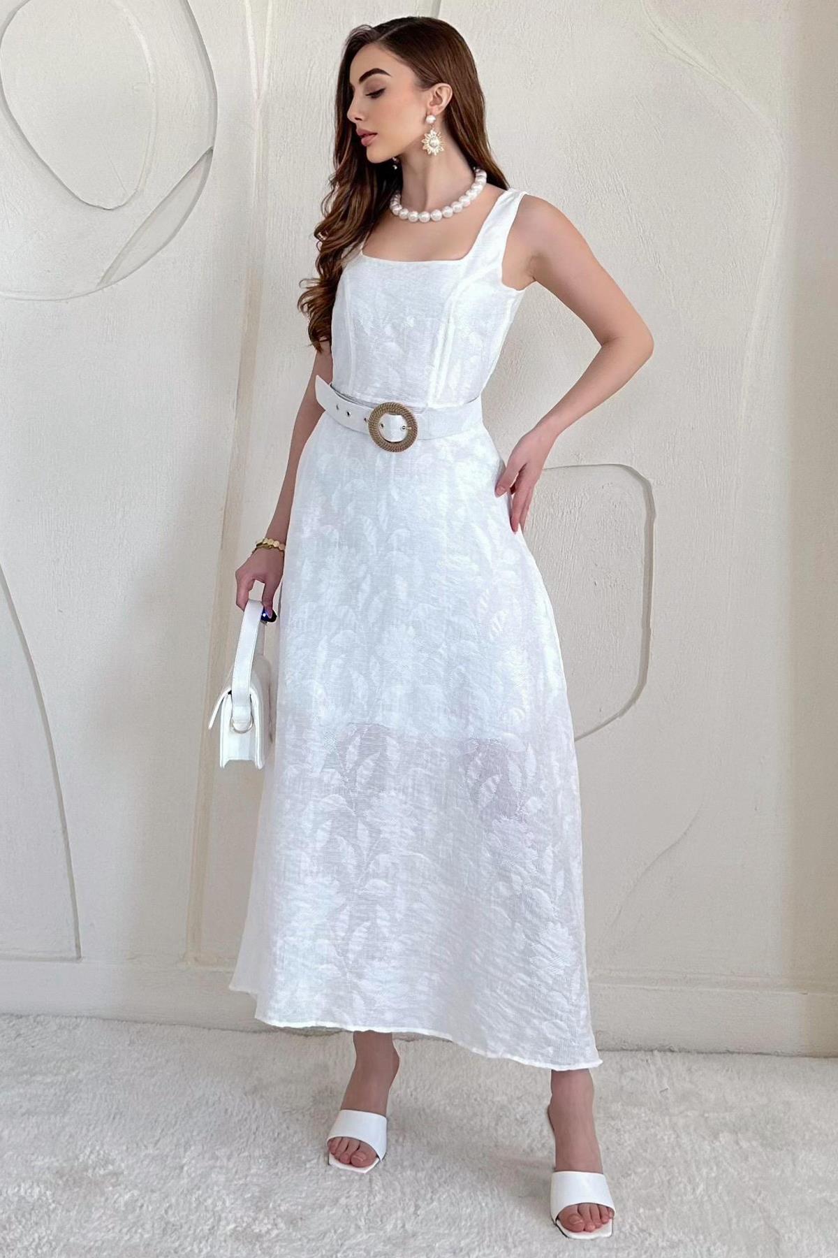 Belt Detailed Jacquard Long Dress