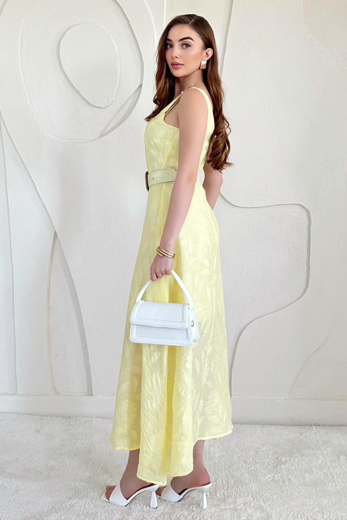 Belt Detailed Jacquard Long Dress