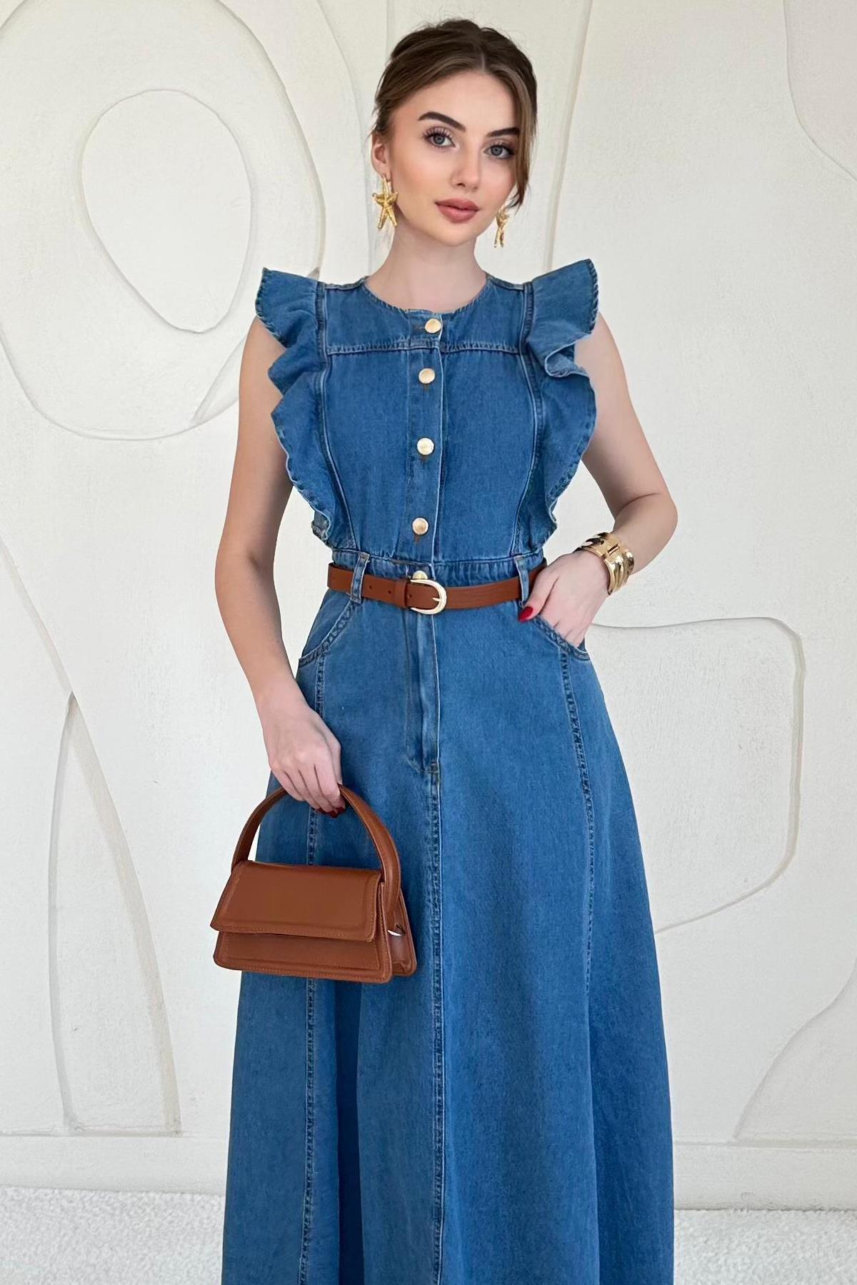 Mavi Kemer Detaylı Uzun Denim Elbise