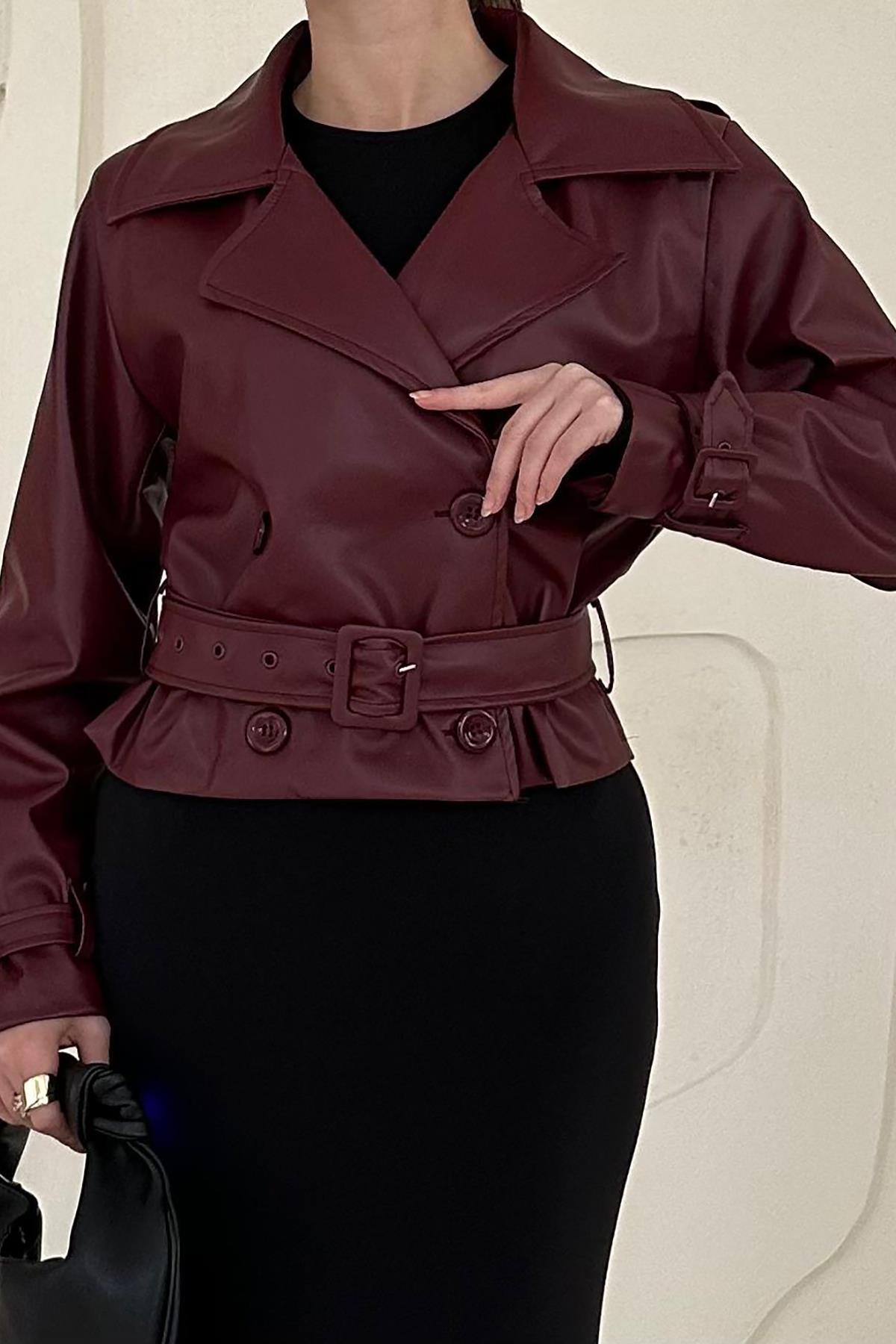 Bordo Kemerli Deri Ceket